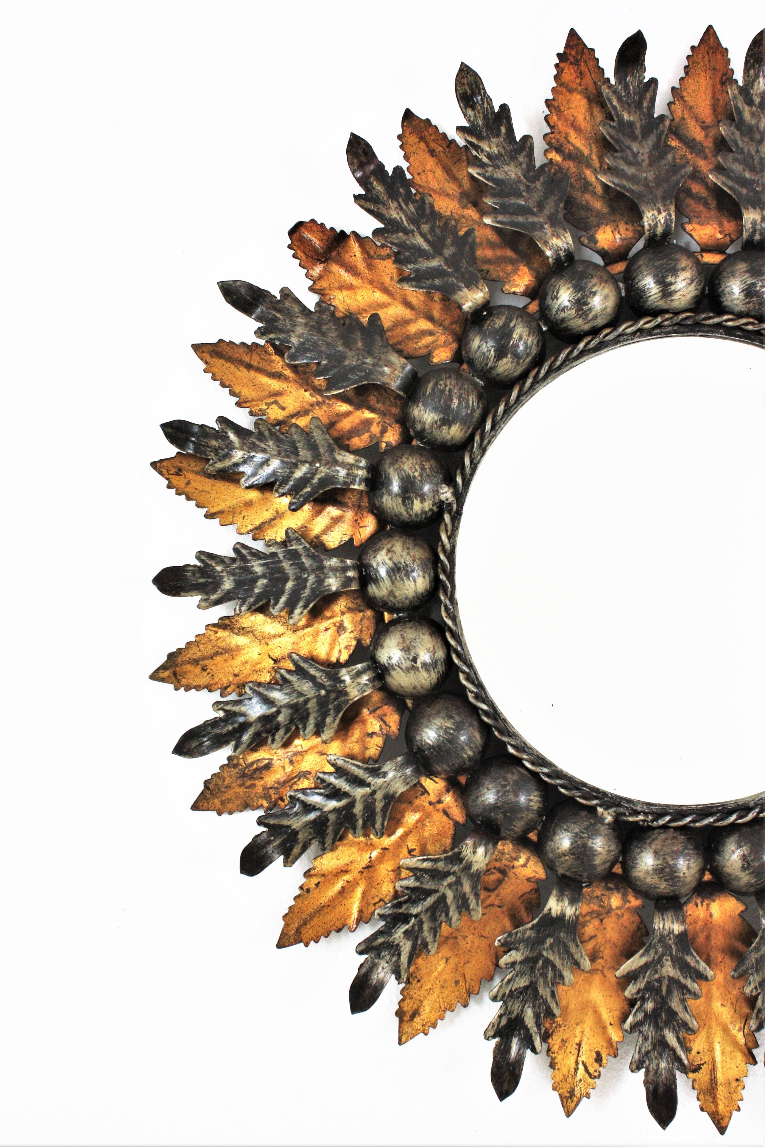 20th Century Spanish Baroque Foliage Sunburst Mirror in Gilt and Silvered Iron, 1960s For Sale