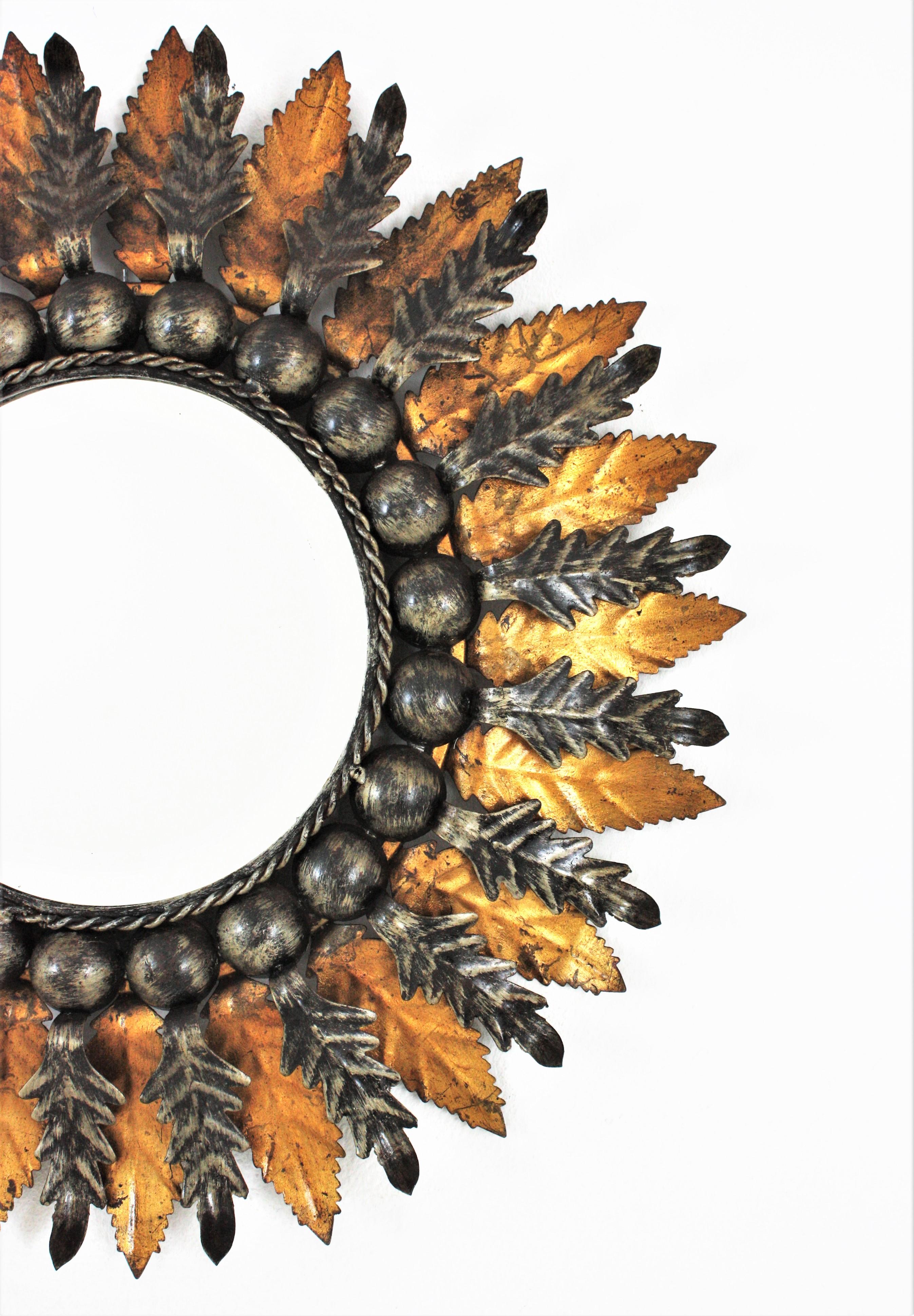 Gold Leaf Spanish Baroque Foliage Sunburst Mirror in Gilt and Silvered Iron, 1960s For Sale
