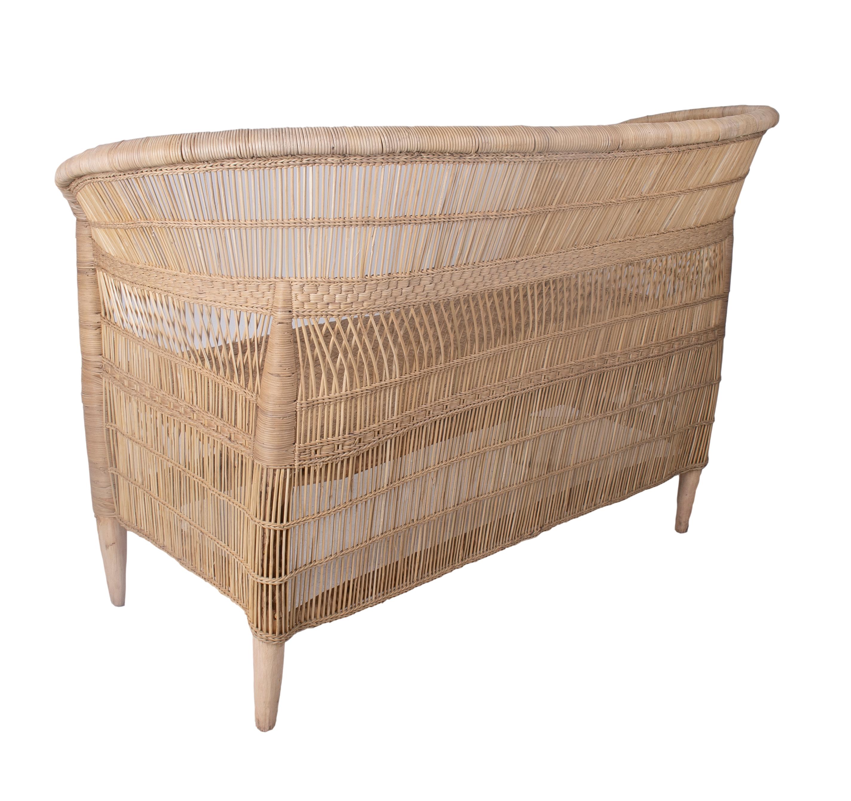 Contemporary Spanish Two-Seat Hand Woven Rattan Sofa For Sale