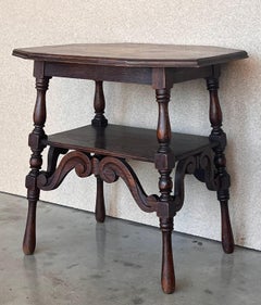 Spanish Two-Tier Walnut Console Side Table with Carved Legs and Stretcher