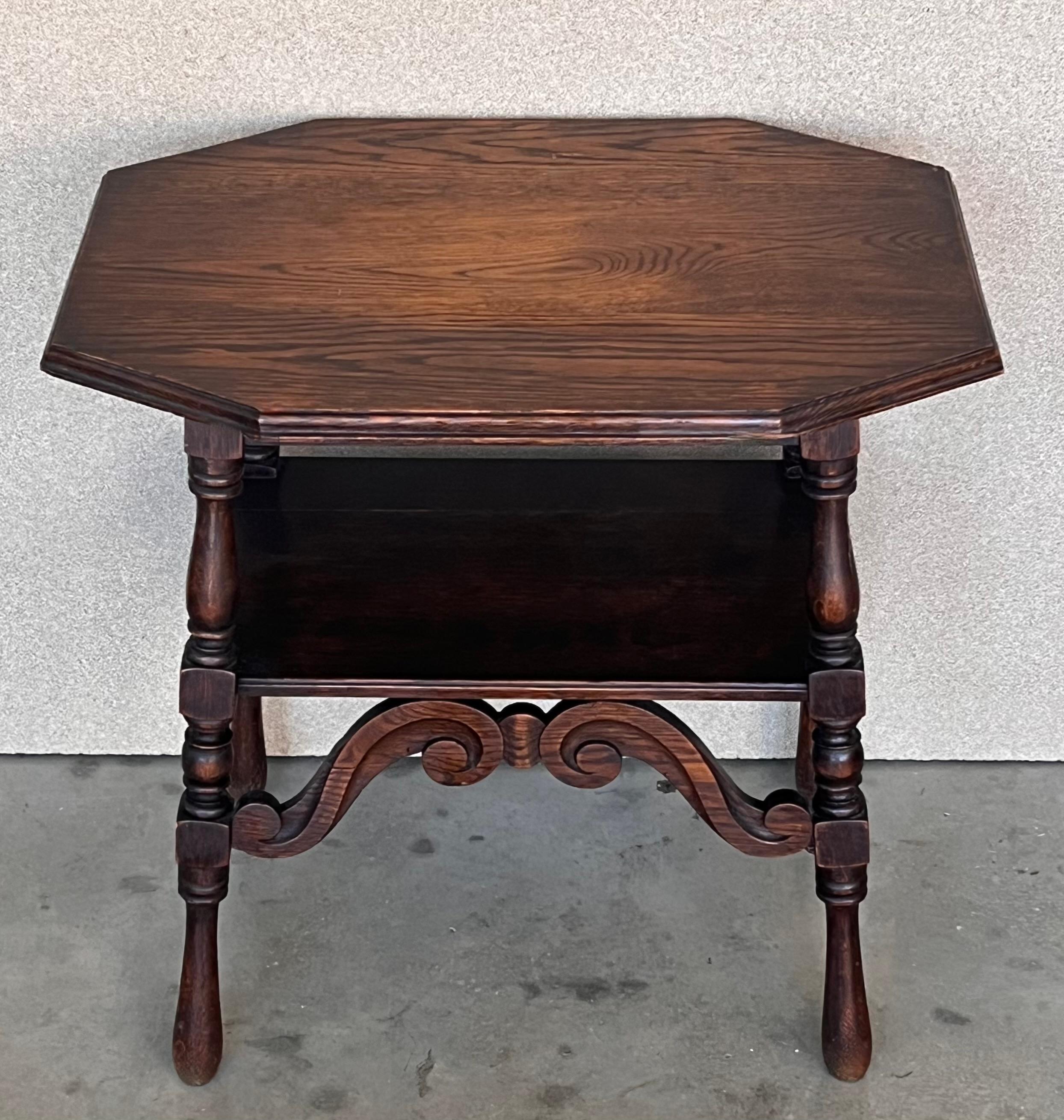 Spanish Colonial Spanish Two-Tier Walnut Console Side Table with Carved Legs and Stretcher For Sale