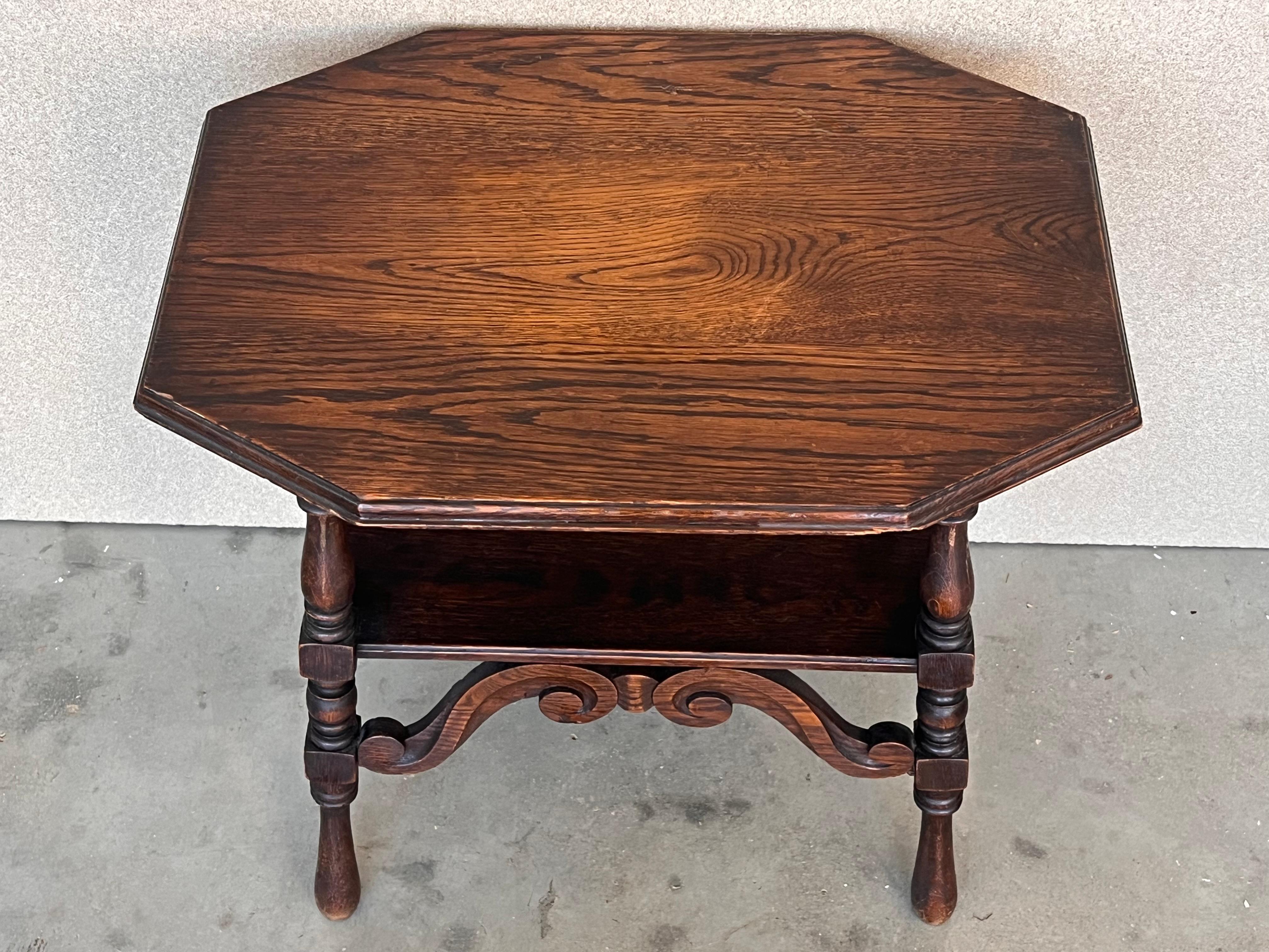 Pine Spanish Two-Tier Walnut Console Side Table with Carved Legs and Stretcher For Sale