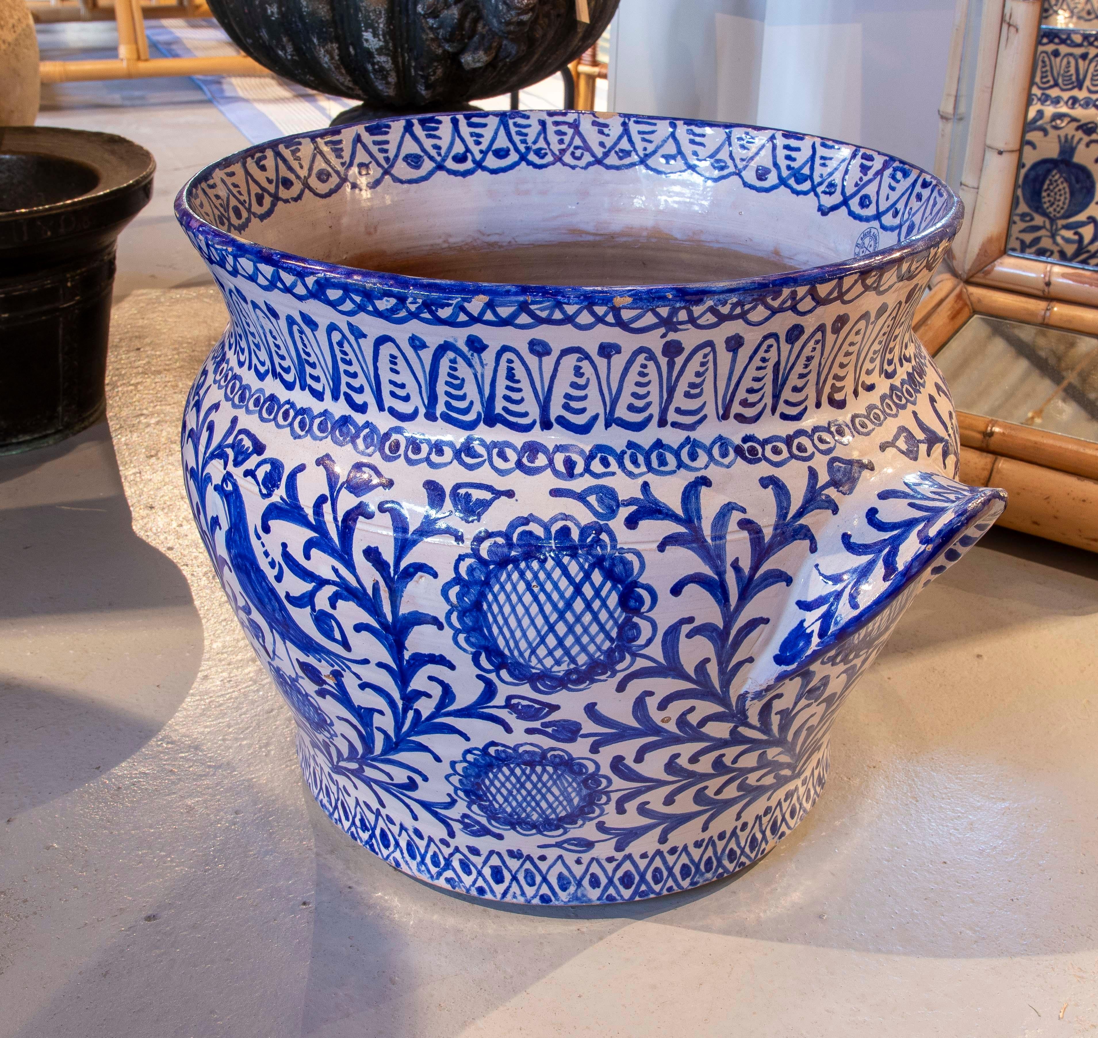 Contemporary Spanish Typical Glazed Ceramic Pot in Blue and White Tones For Sale