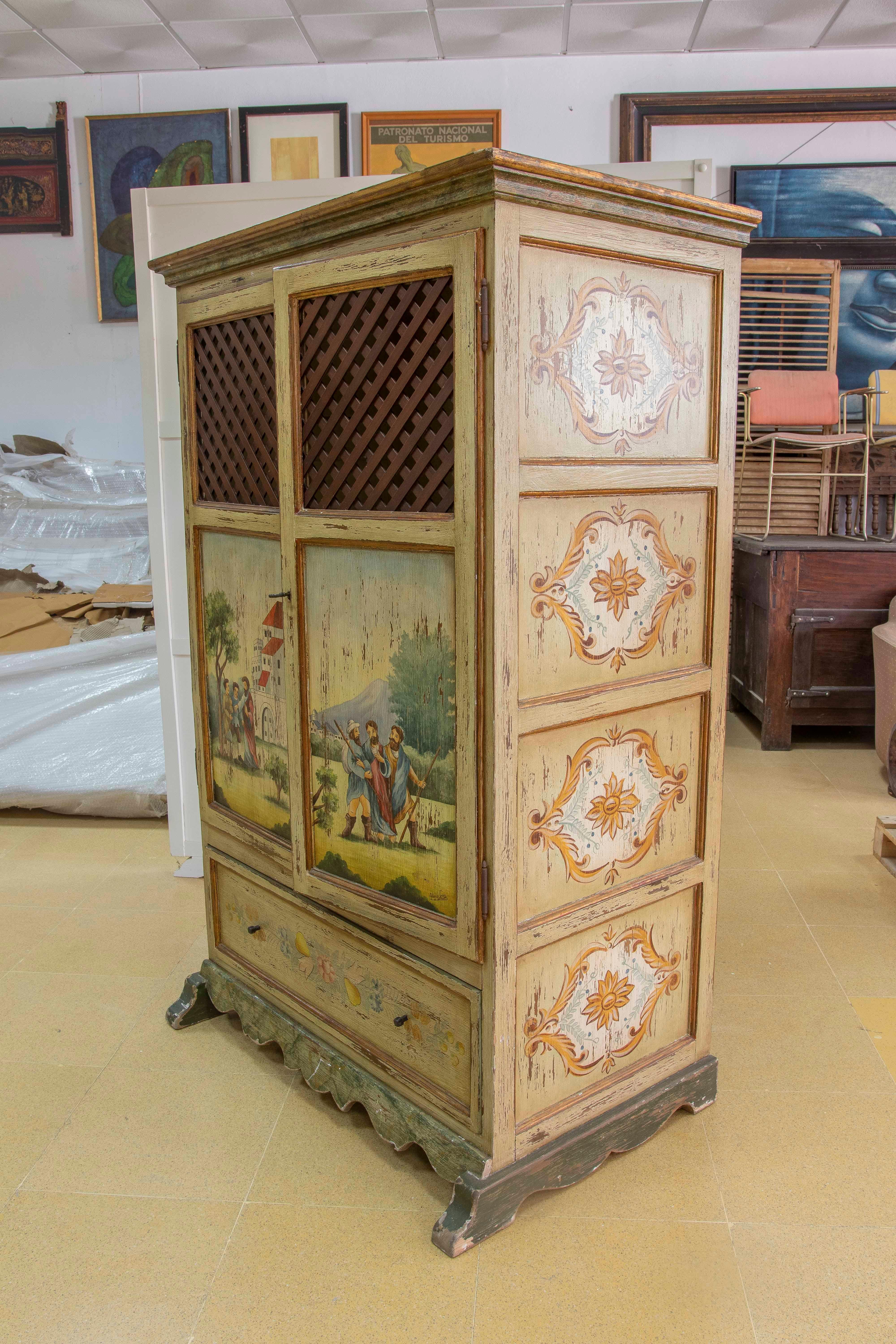 Armario Típico Español Pintado a Mano con Puertas de Rejilla y Cajón en venta 2