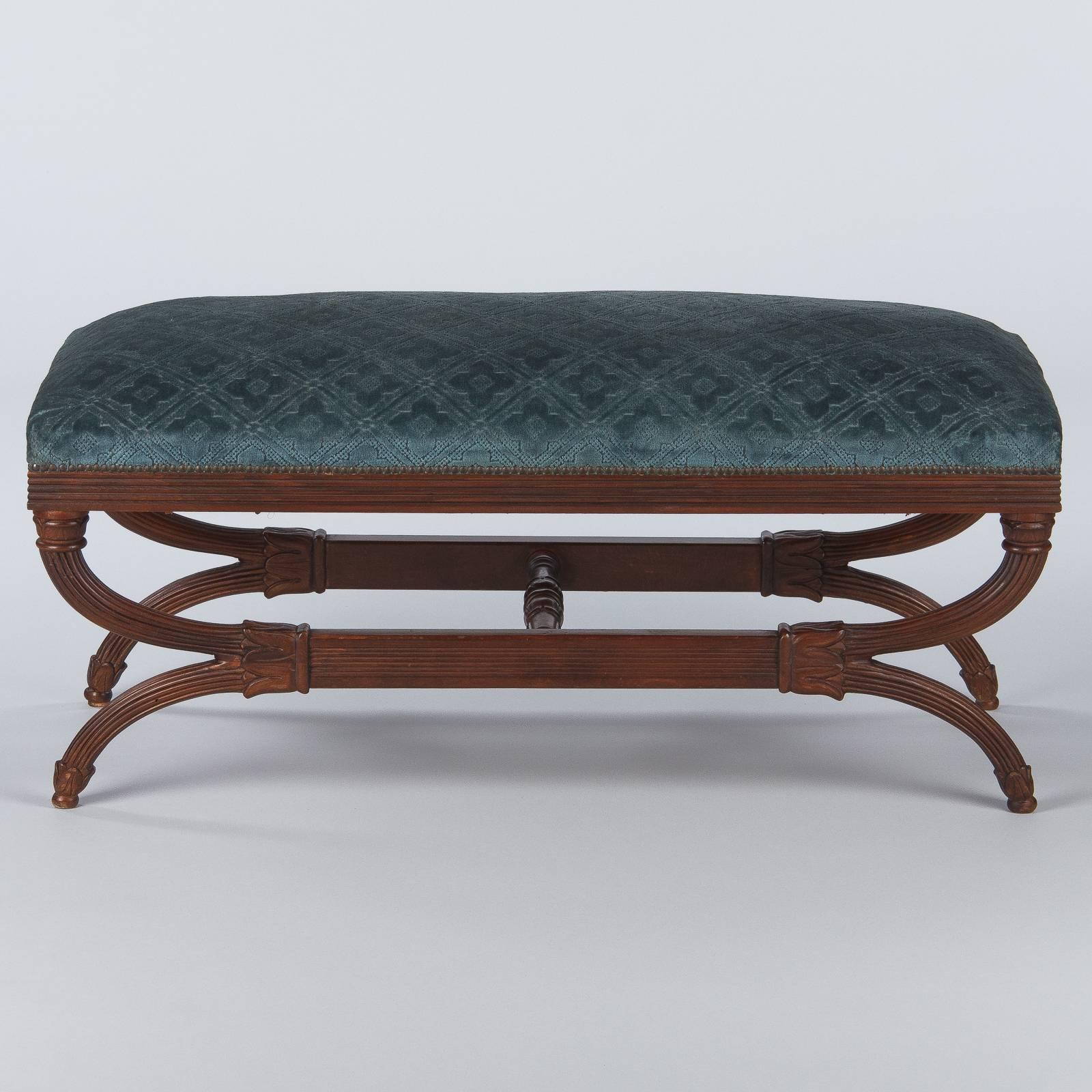 Spanish Upholstered Walnut Bench, 1920s In Good Condition In Austin, TX