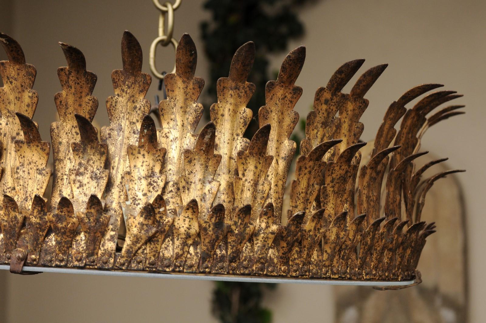 Spanish Vintage 1940s Gilt Metal Semi-Flush Crown Light Fixture with Foliage 5