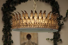 Spanish Vintage 1940s Gilt Metal Semi-Flush Crown Light Fixture with Foliage