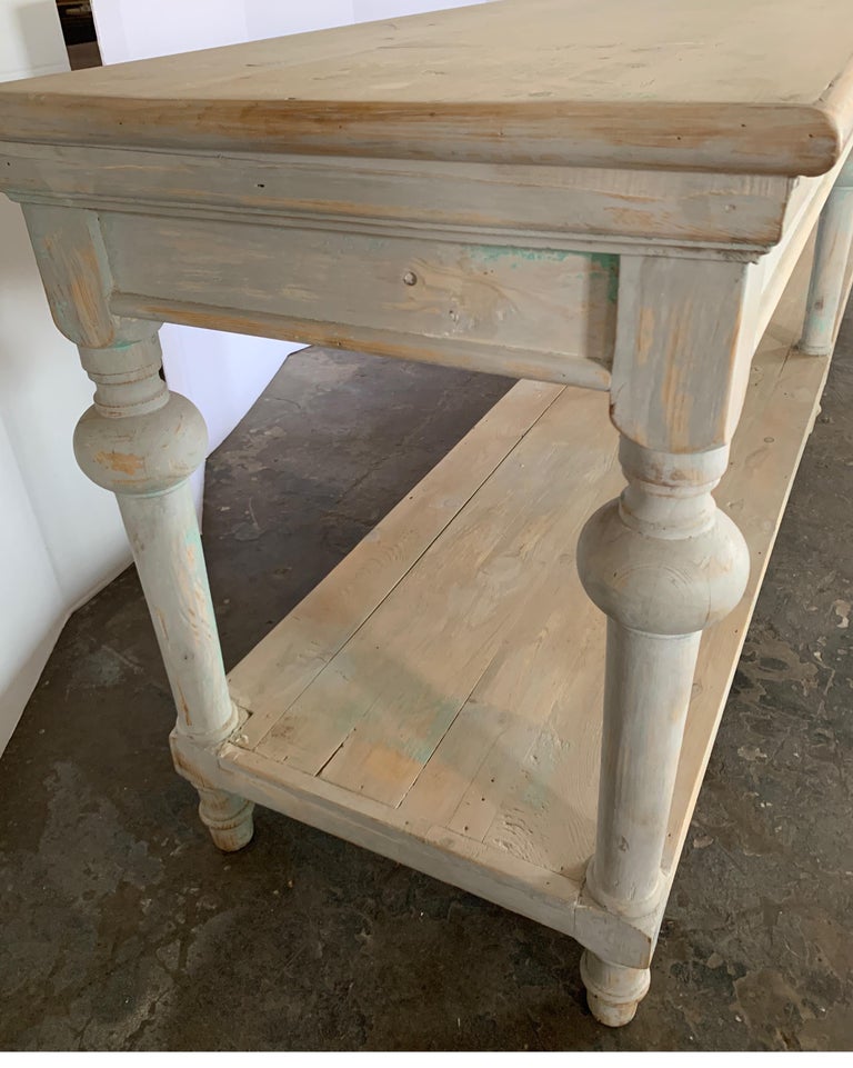 Spanish Vintage Bleached Pine Painted Console Table with Bottom Shelf