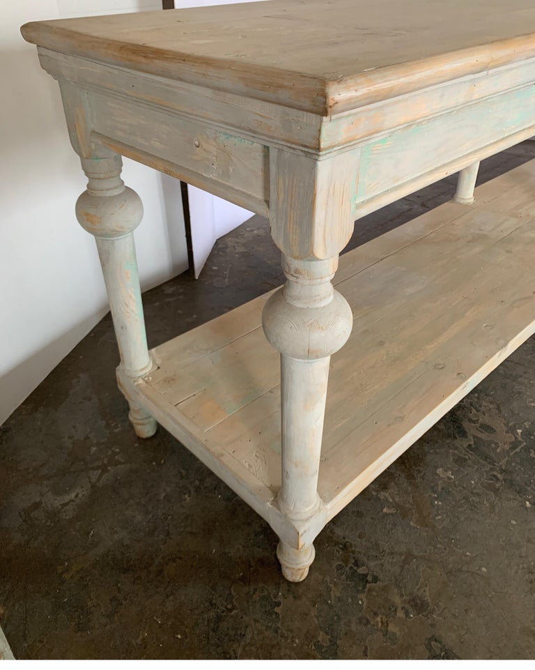 Spanish Vintage Bleached Pine Painted Console Table with Bottom Shelf