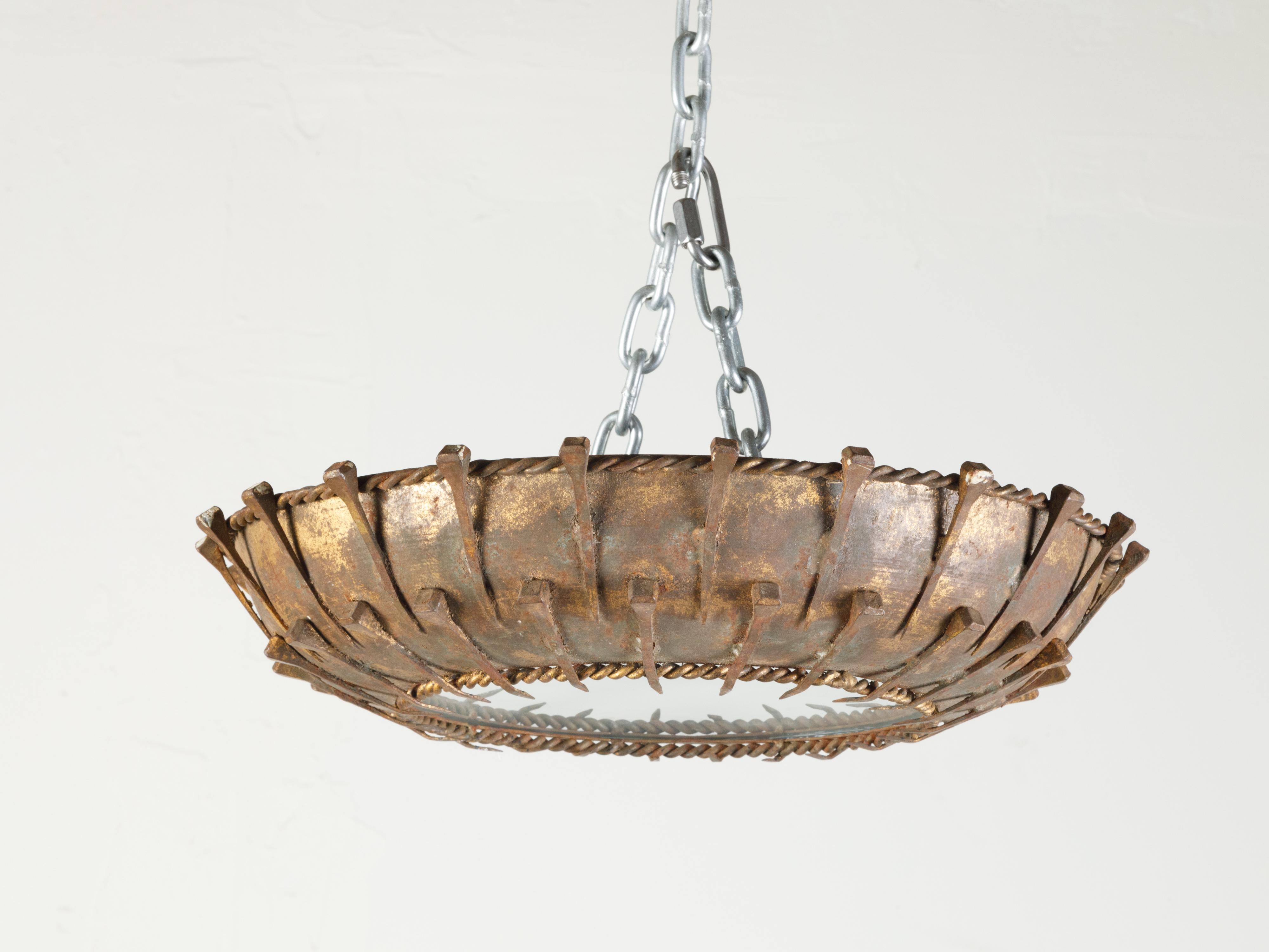 Spanish Vintage Gilt Metal Mid-Century Crown Chandelier with Frosted Glass 4