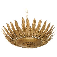 Spanish Vintage Gilt Metal Semi-Flush Crown Chandelier with Foliage Motifs