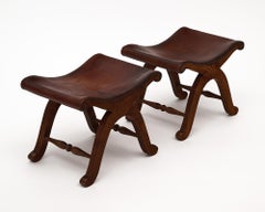Spanish Vintage Leather Curule Stools by Valenti