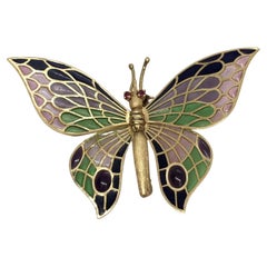Spanish Vintage Plique-a-Jour and Ruby 18k Yellow Gold Butterfly Brooch 1970s