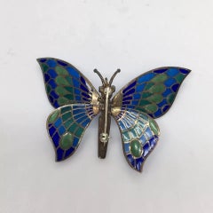 Spanish Vintage Plique a Jour and Sapphire 18k White Gold Butterfly Brooch 1970s
