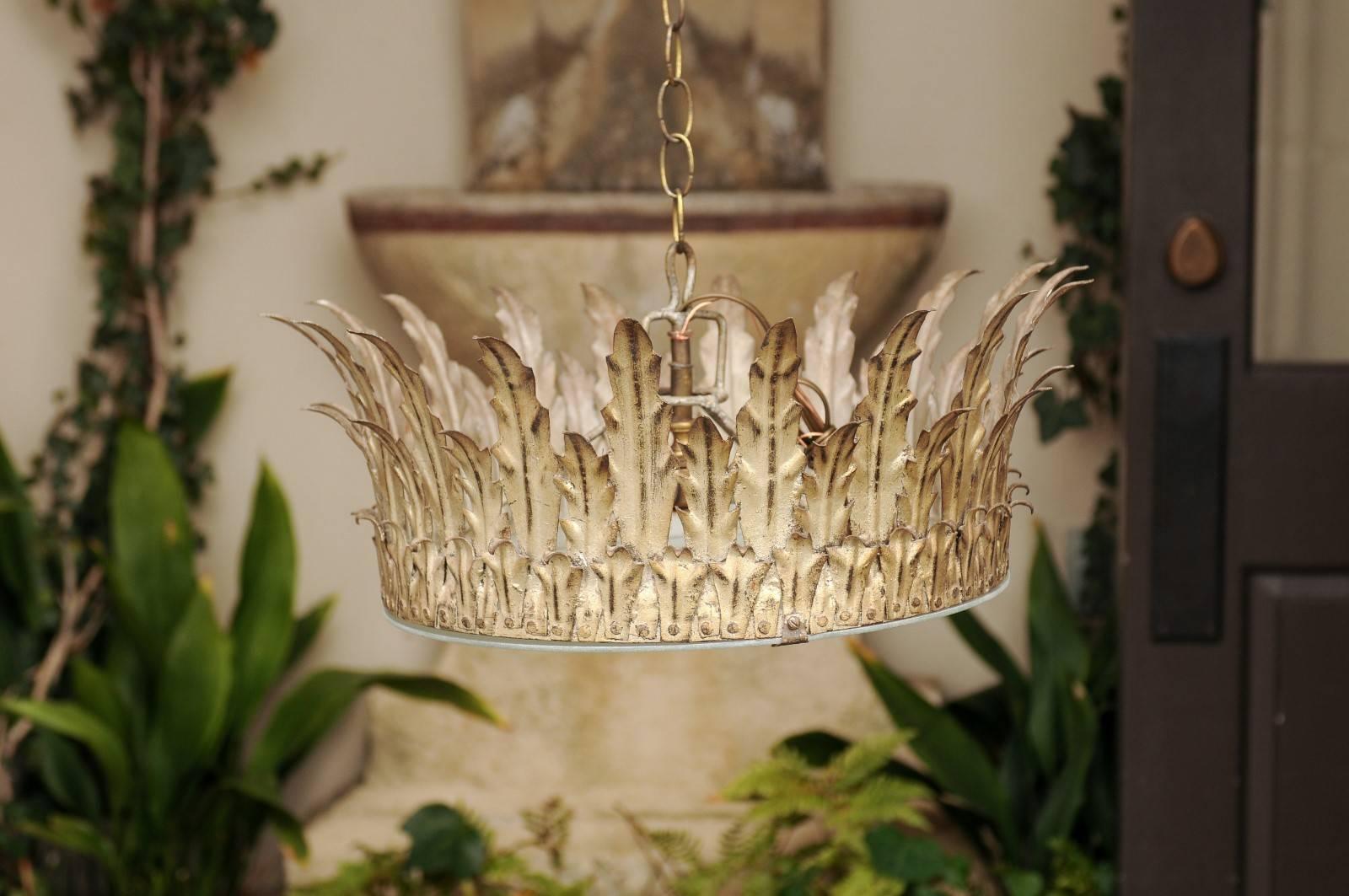 Frosted Spanish Vintage Silver Gilt Metal Crown Light Fixture with Foliage Motifs, 1950s