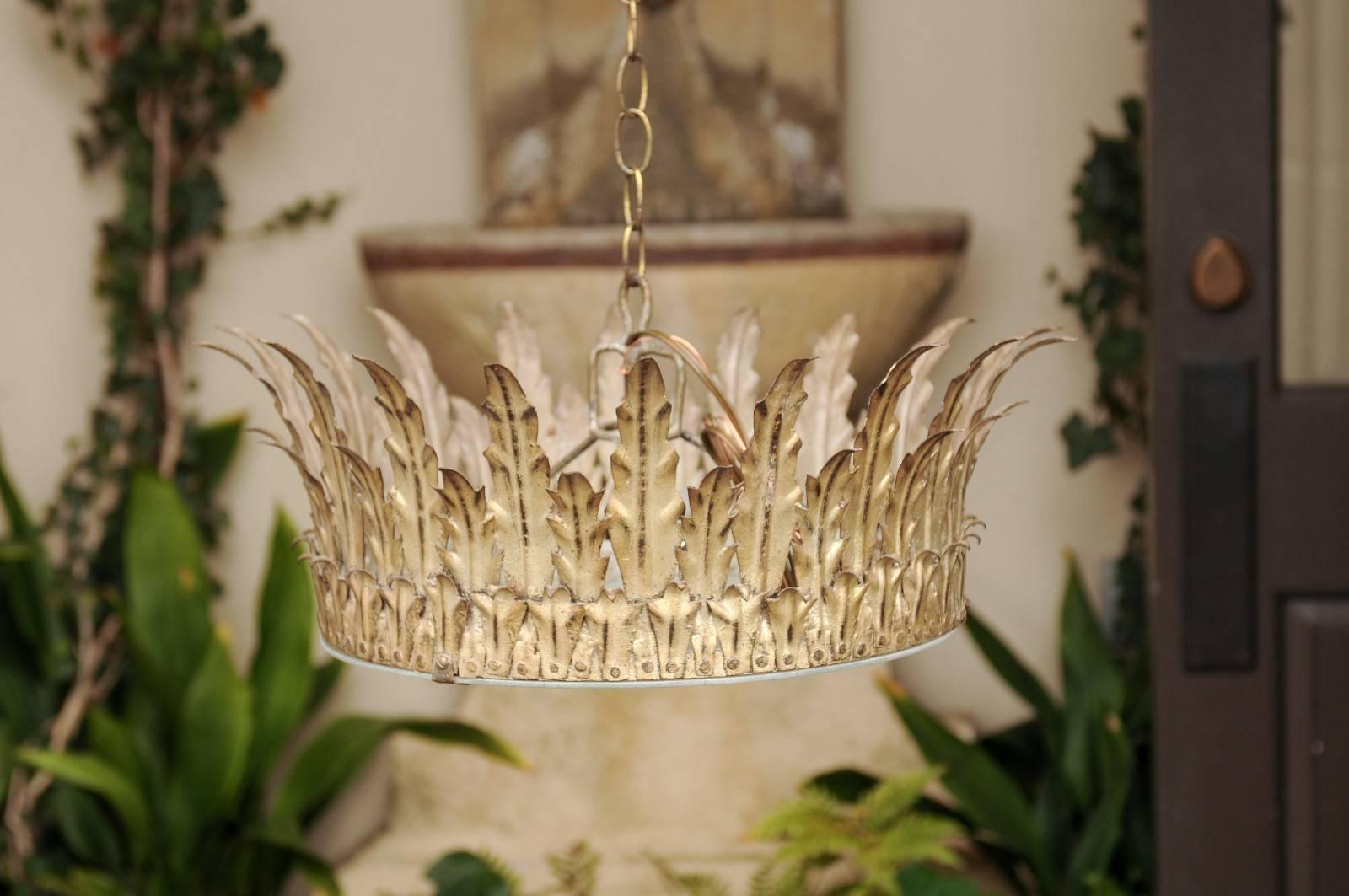 Spanish Vintage Silver Gilt Metal Crown Light Fixture with Foliage Motifs, 1950s In Good Condition In Atlanta, GA