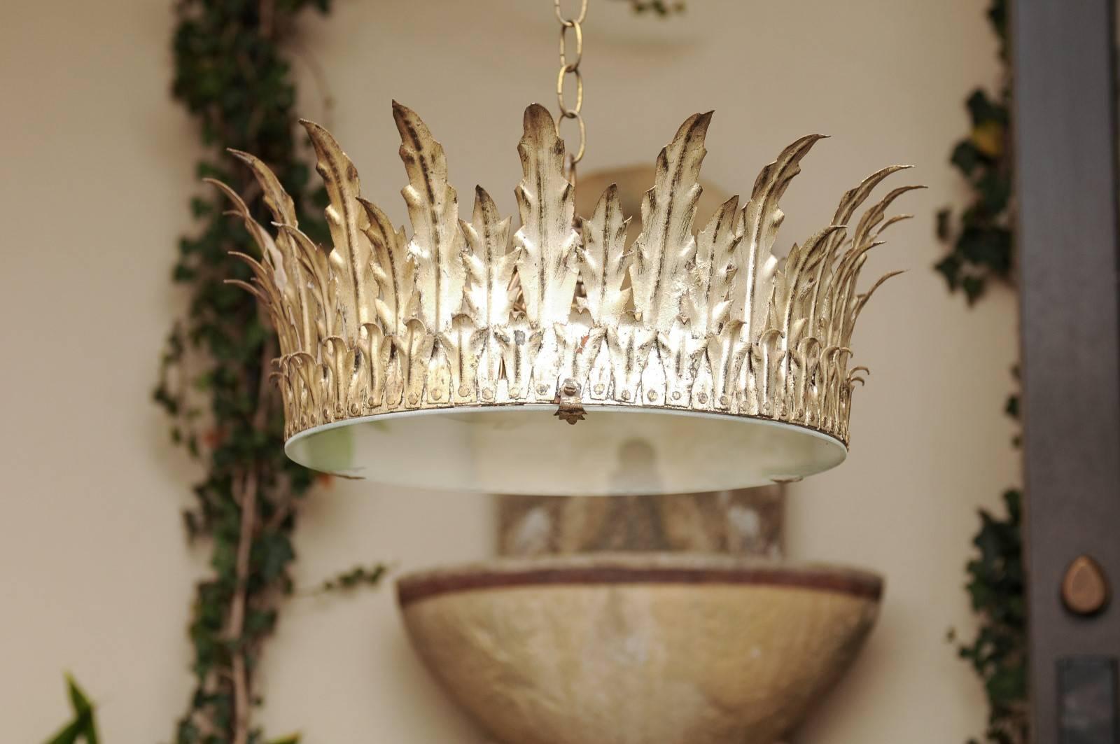 20th Century Spanish Vintage Silver Gilt Metal Crown Light Fixture with Foliage Motifs, 1950s