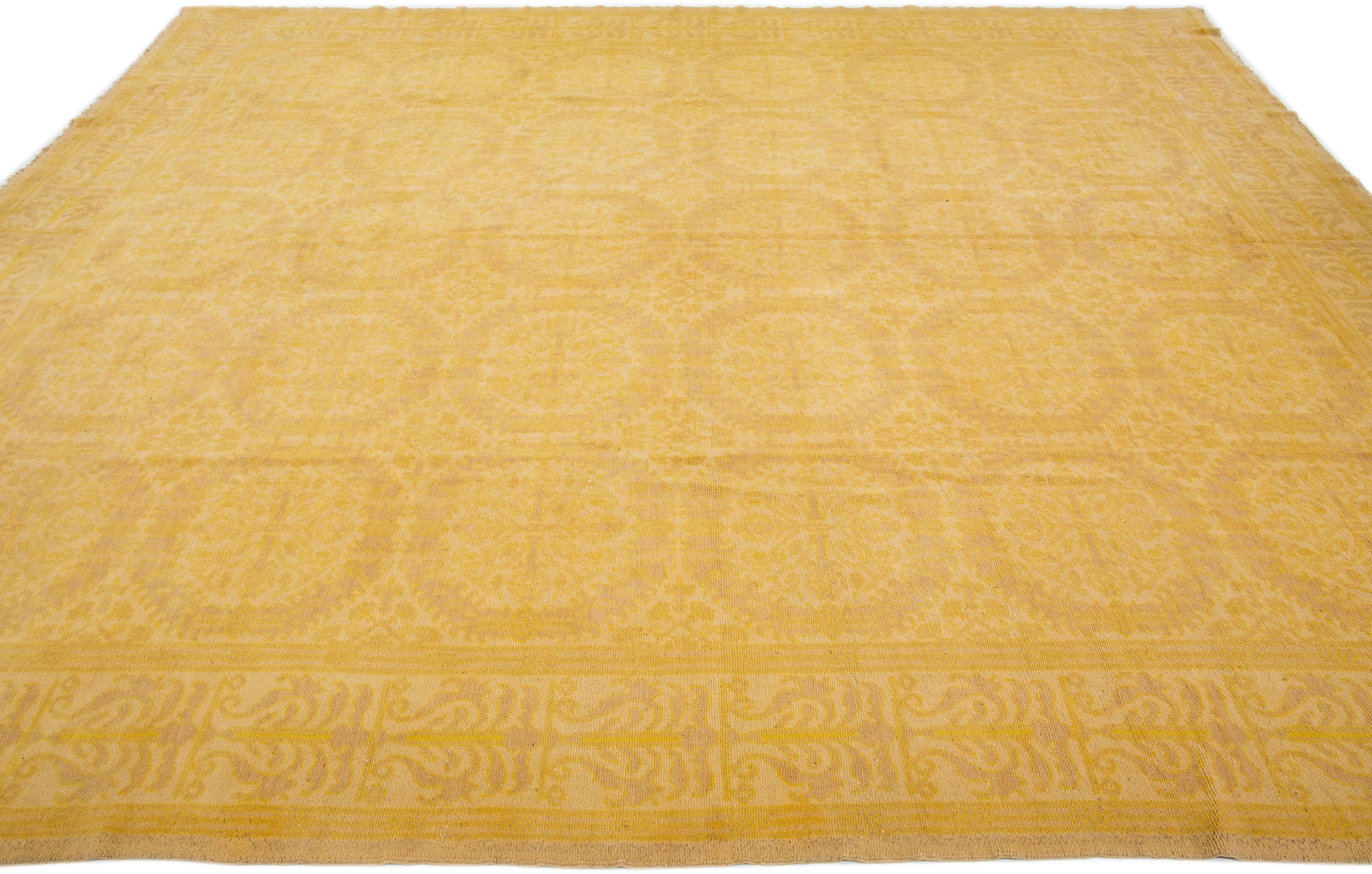 Hand-Knotted Spanish Vintage Wool Rug Modern Handmade with Goldenrod Design For Sale