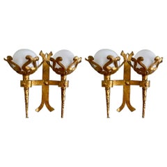 Spanish Wall Light crown in Gilt Iron with Milk Glass Globes , 1950