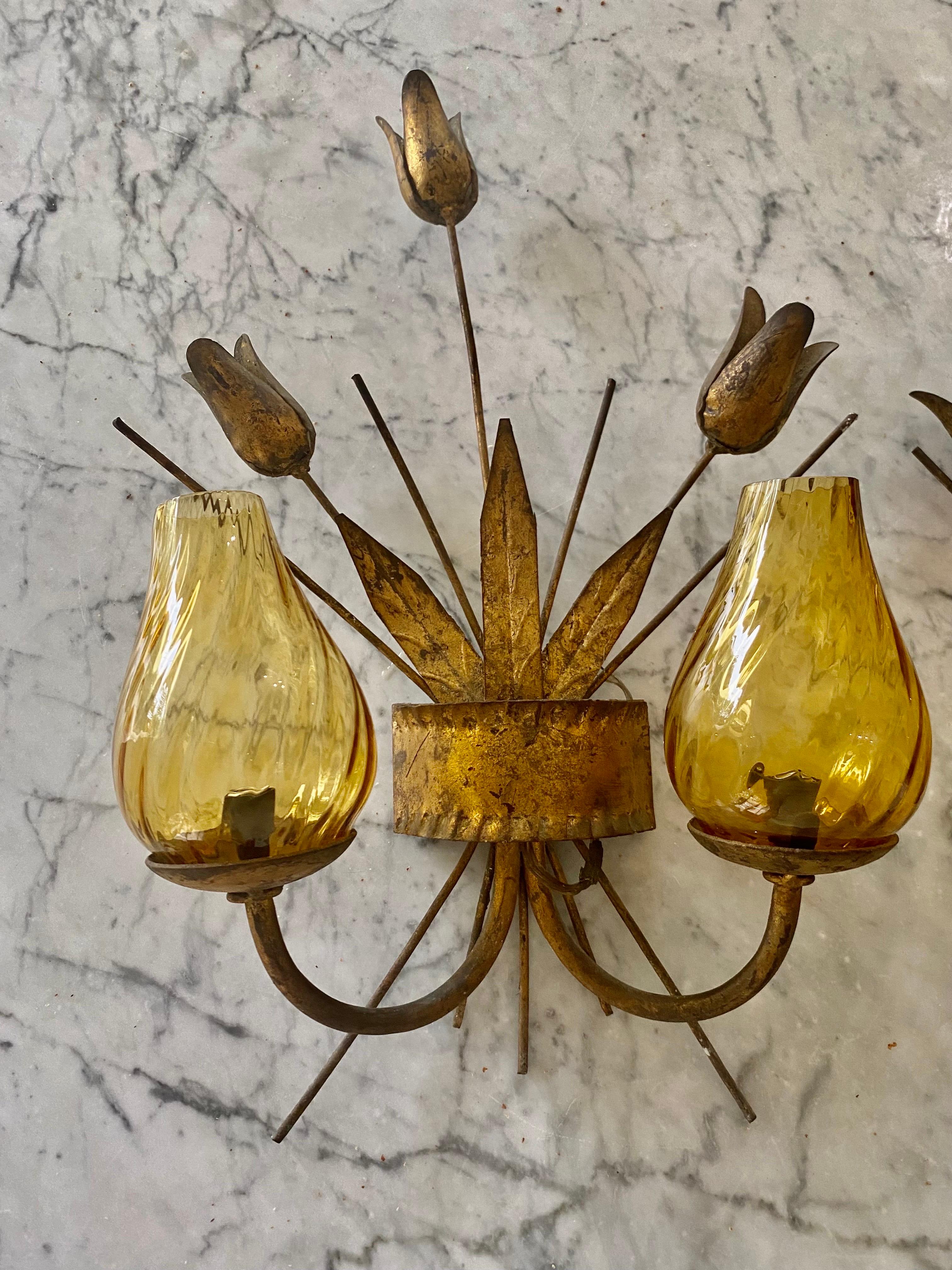 Gilt Spanish Wall Lighting Pair Metal with Gold Finish, circa 1950 For Sale