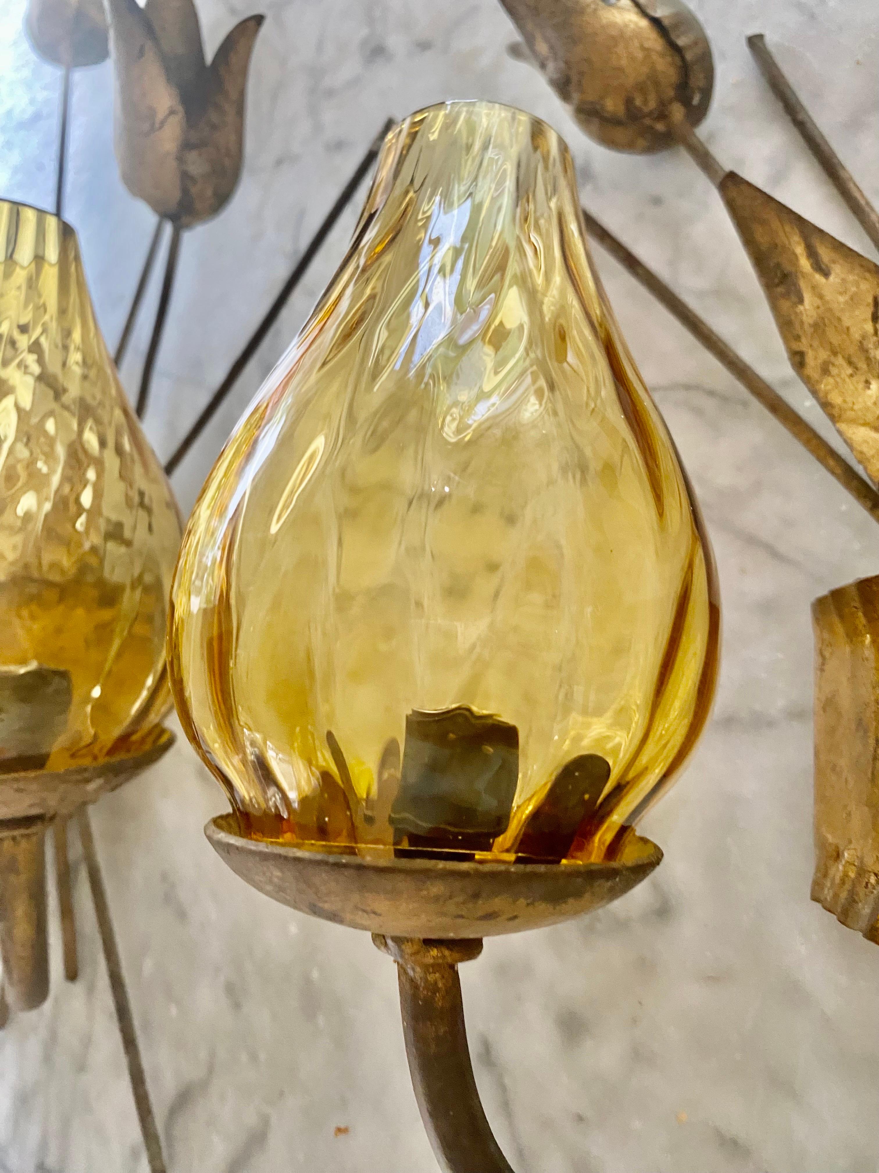 Spanish Wall Lighting Pair Metal with Gold Finish, circa 1950 In Good Condition For Sale In DÉNIA, ES