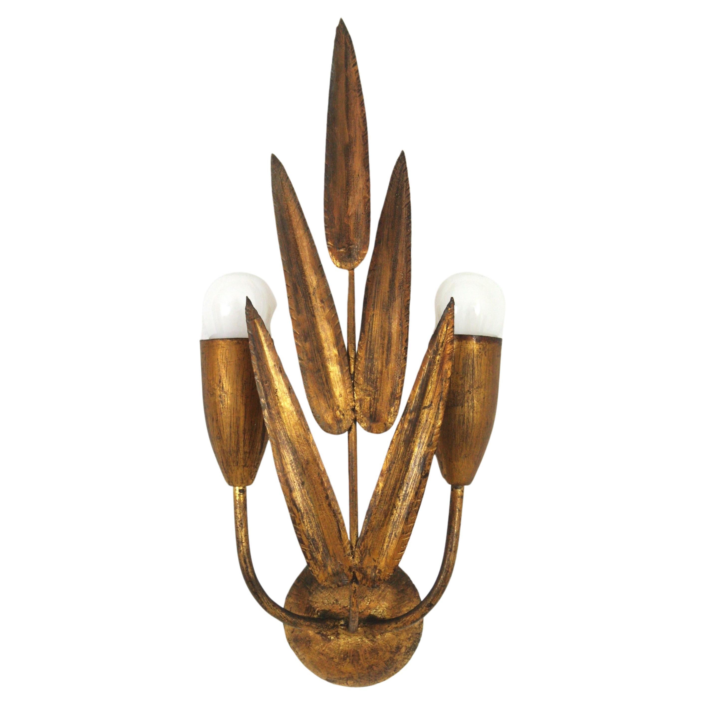 Spanish Wall Sconce with Foliage Design, Gilt Iron For Sale