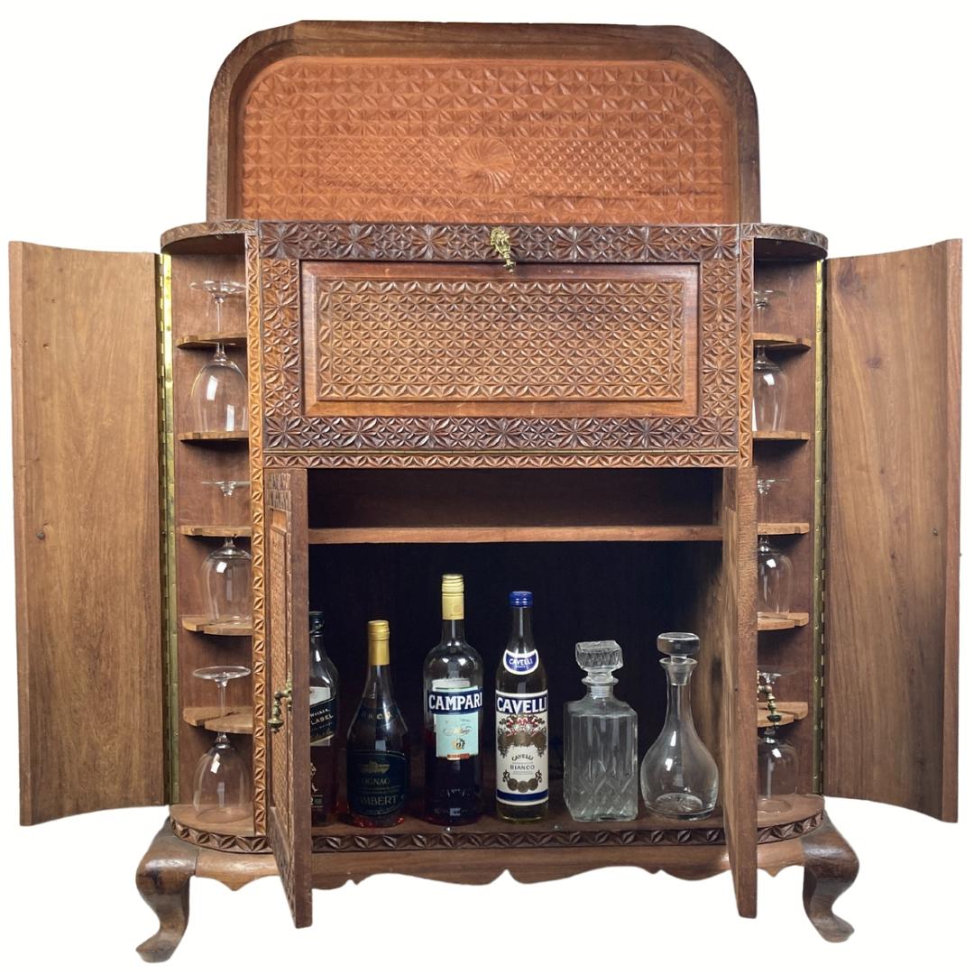 Moorish Spanish Walnut Carved Bar Cabinet, Ca 1930s
