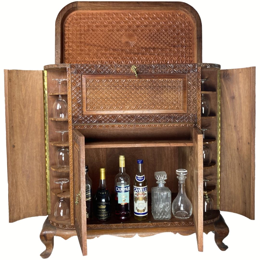 Moorish Spanish Walnut Carved Bar Cabinet, Ca 1930s