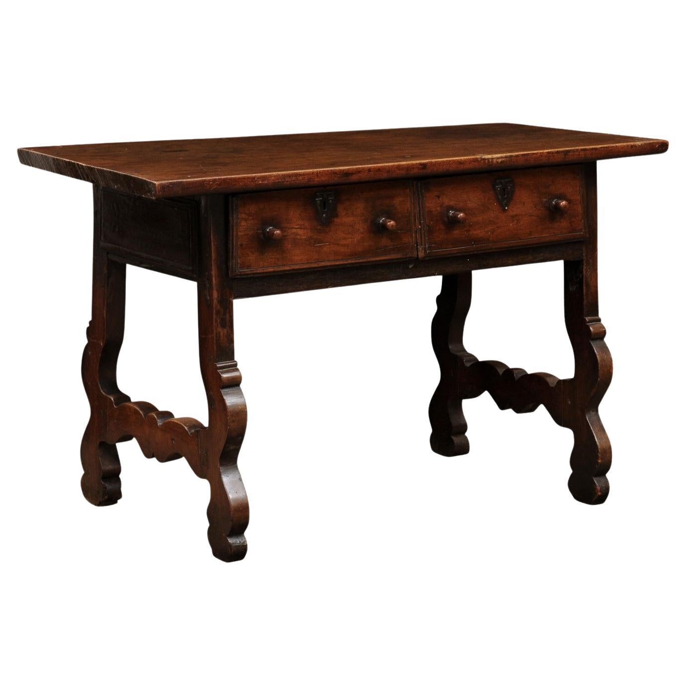 Spanish Walnut Console Table with 2 Drawers and Lyre Legs, Early 18th Century For Sale