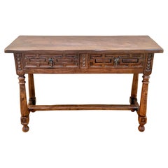 Spanish Walnut Console Table with Geometric Carved Drawers, 1920s