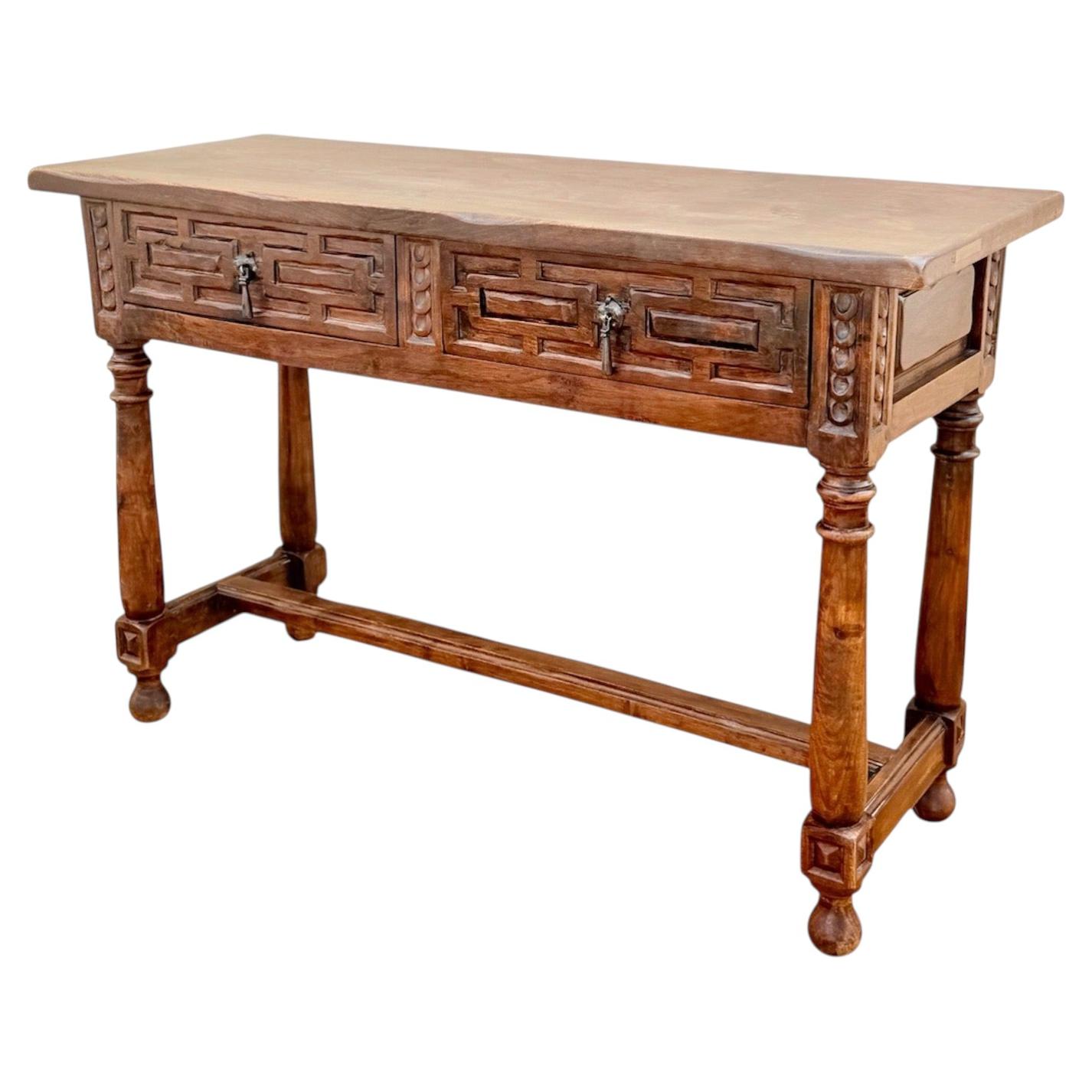 Spanish Walnut Console Table with Geometric Carved Drawers, 1920s