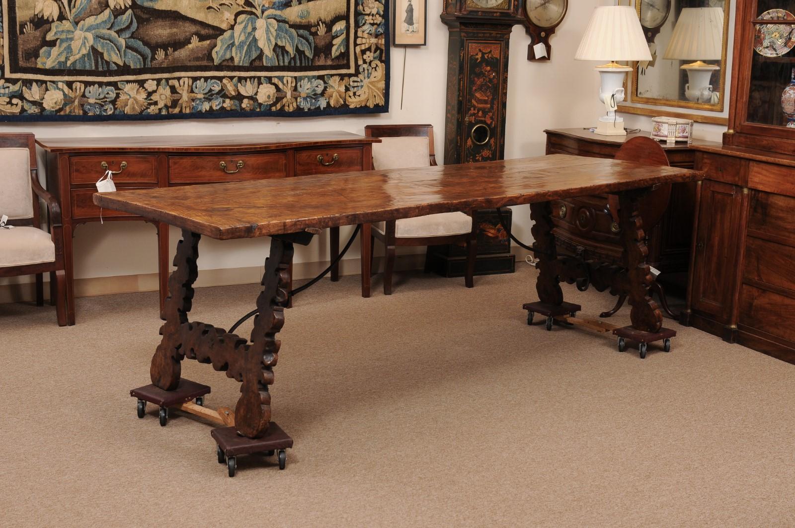 Spanish Walnut Dining Table with Lyre-form Legs & Wrought Iron Stretcher, Handmade Reproduction