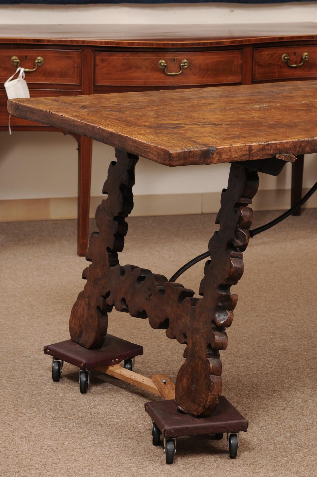 Spanish Walnut Dining Table with Lyre-form Legs In Fair Condition For Sale In Atlanta, GA
