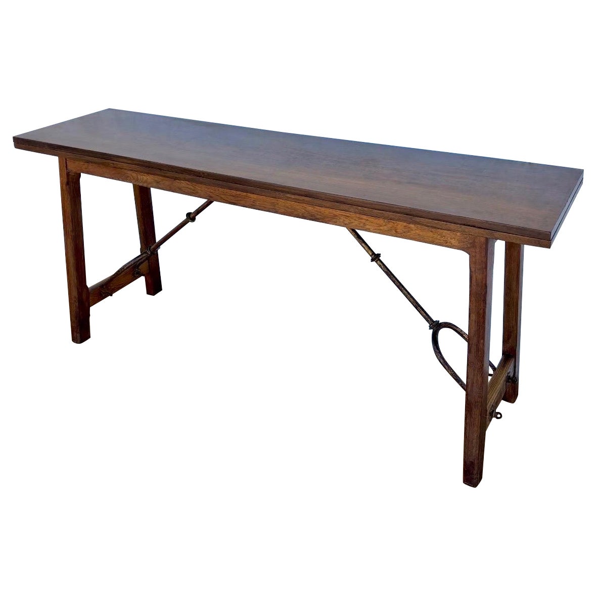 Spanish Walnut Drop-Leaf Console Table with Forged-Iron Stretcher, circa 1920 im Angebot