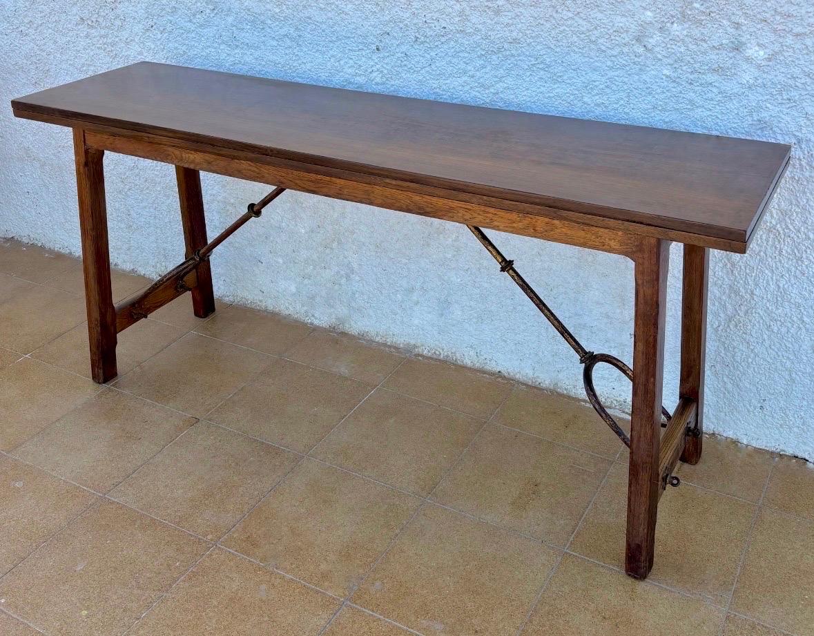 Spanish Walnut Drop-Leaf Console Table with Forged-Iron Stretcher, circa 1920 For Sale