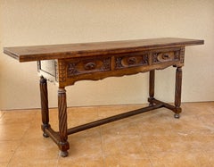 Spanish Walnut Drop-Leaf Table with Three Drawers, 1930s