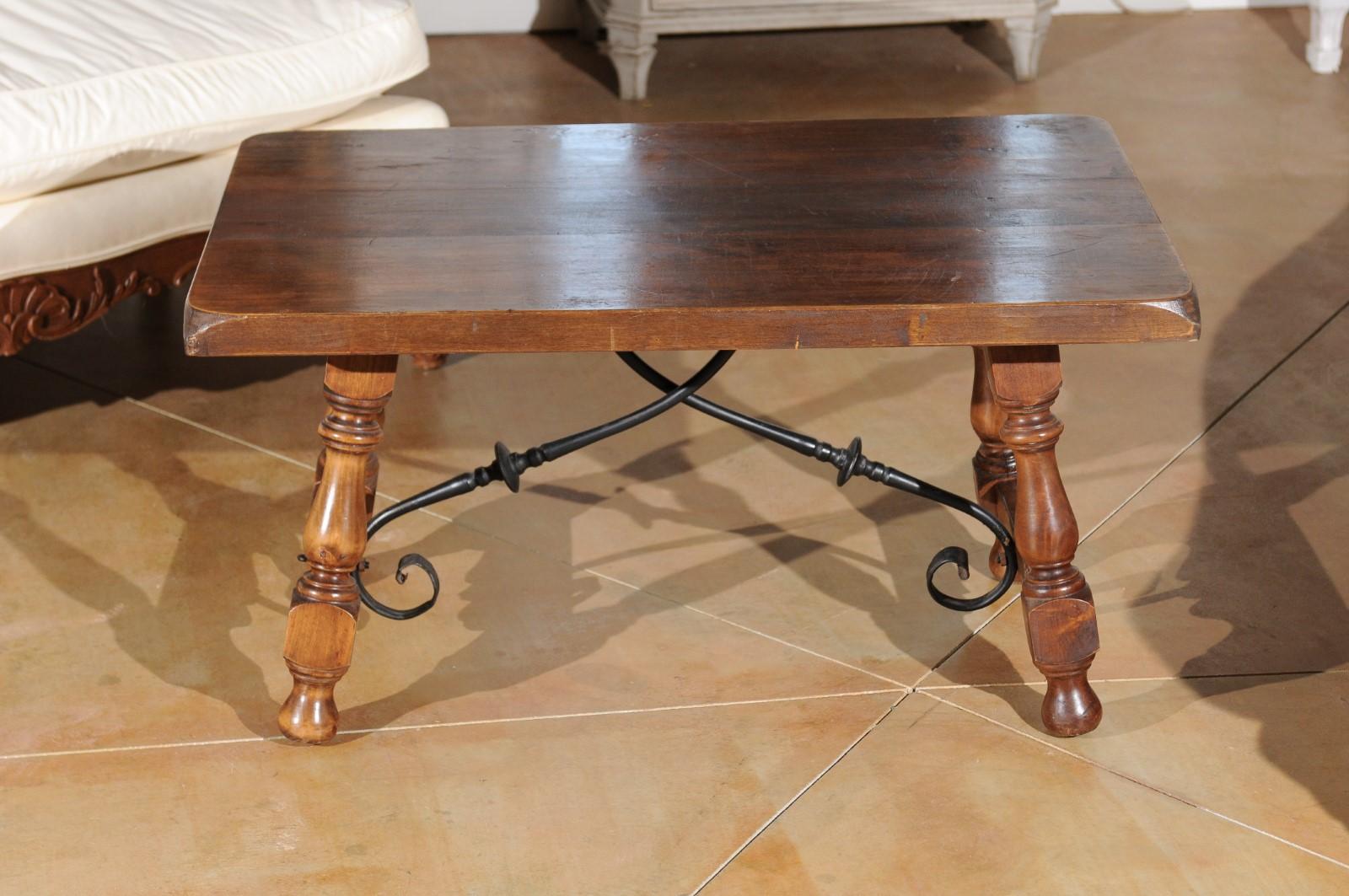 Spanish Walnut Fratino Style Coffee Table with Iron Stretcher and Baluster Legs 4