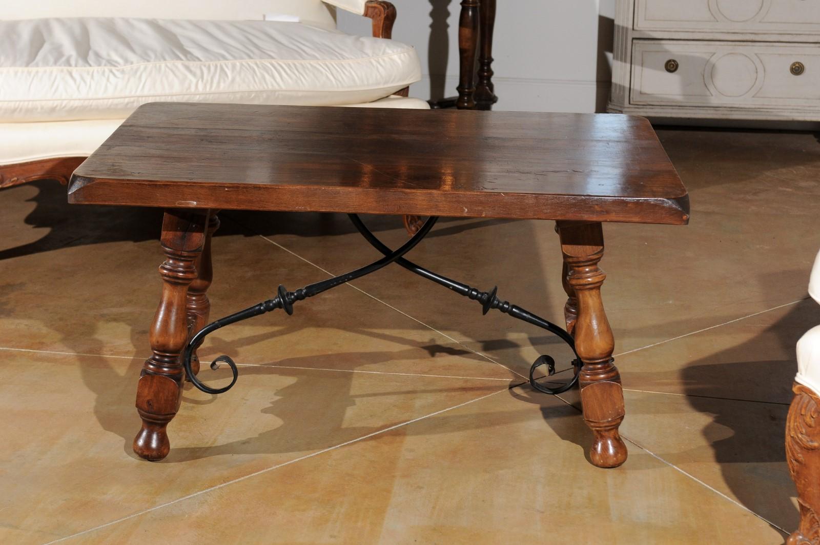 Spanish Walnut Fratino Style Coffee Table with Iron Stretcher and Baluster Legs In Good Condition In Atlanta, GA