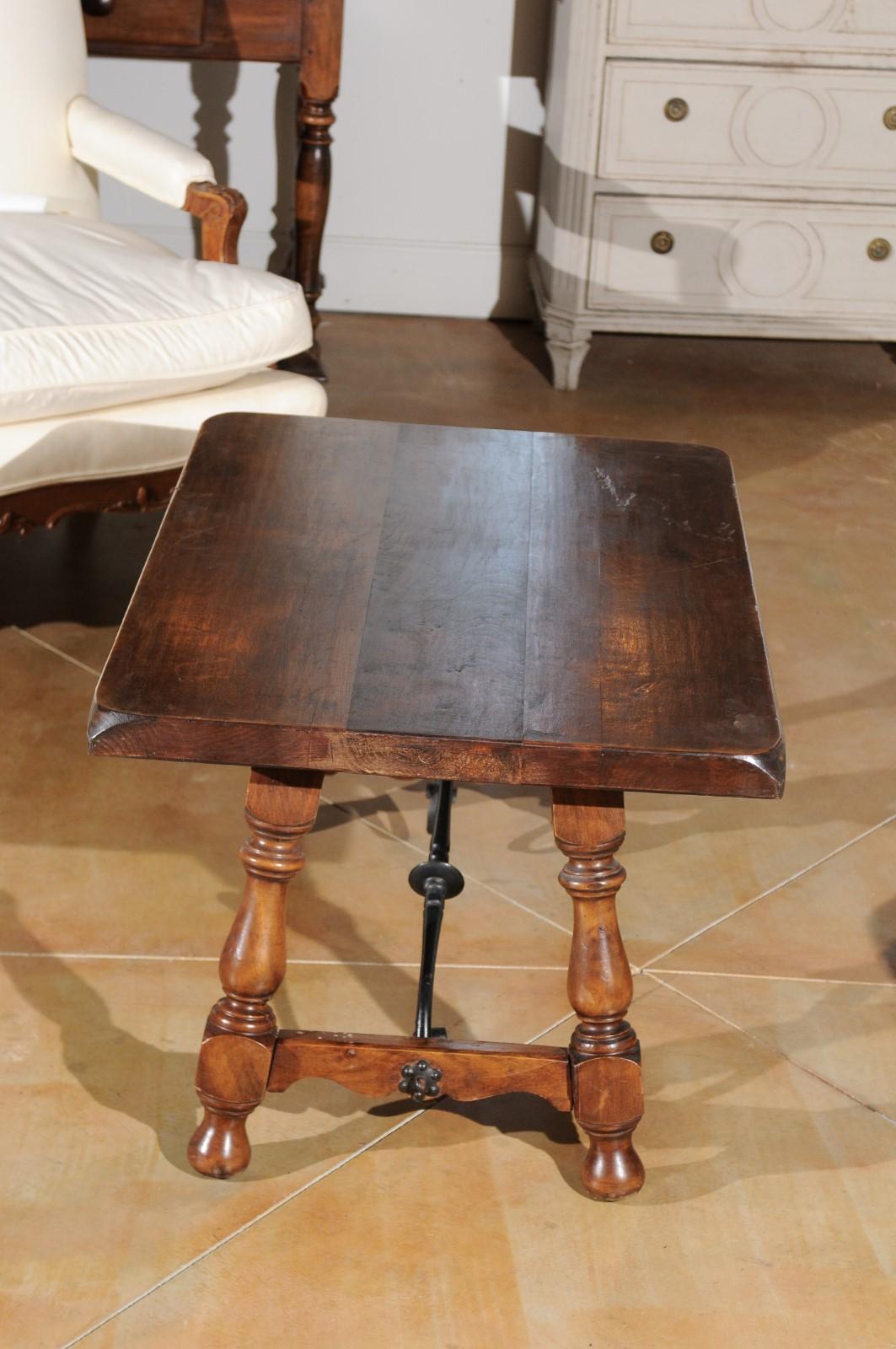 20th Century Spanish Walnut Fratino Style Coffee Table with Iron Stretcher and Baluster Legs