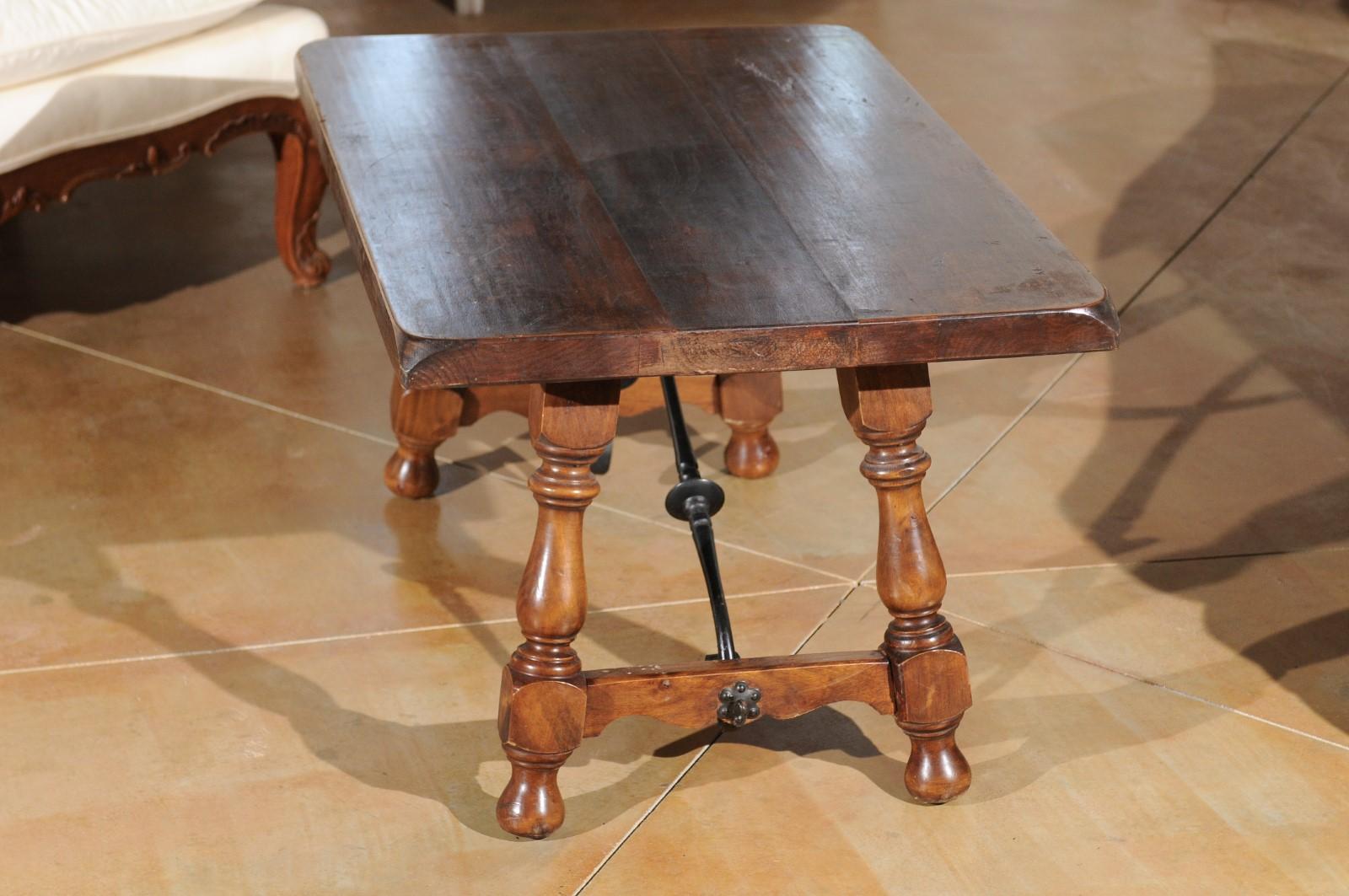Spanish Walnut Fratino Style Coffee Table with Iron Stretcher and Baluster Legs 1