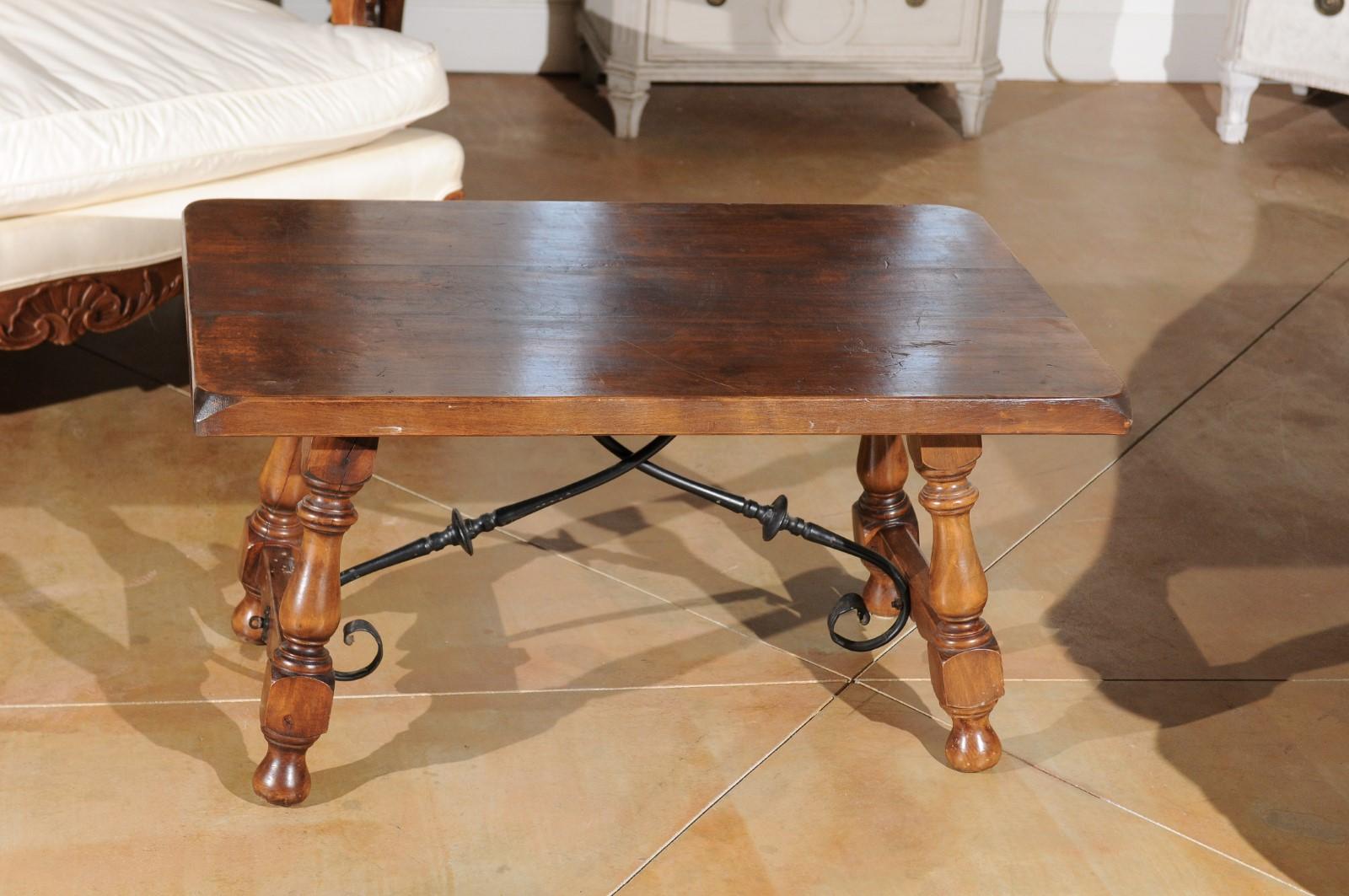 Spanish Walnut Fratino Style Coffee Table with Iron Stretcher and Baluster Legs 2