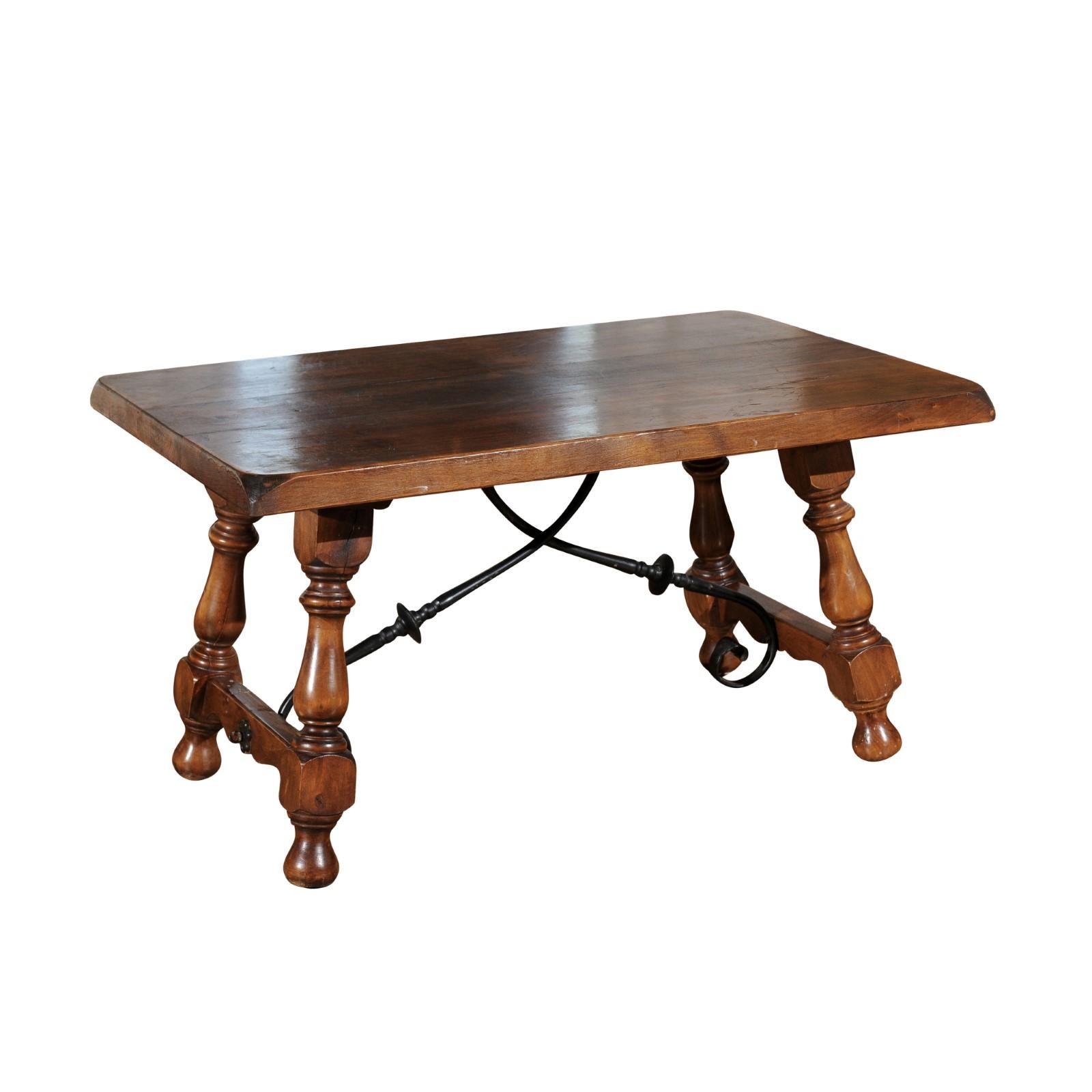 Spanish Walnut Fratino Style Coffee Table with Iron Stretcher and Baluster Legs