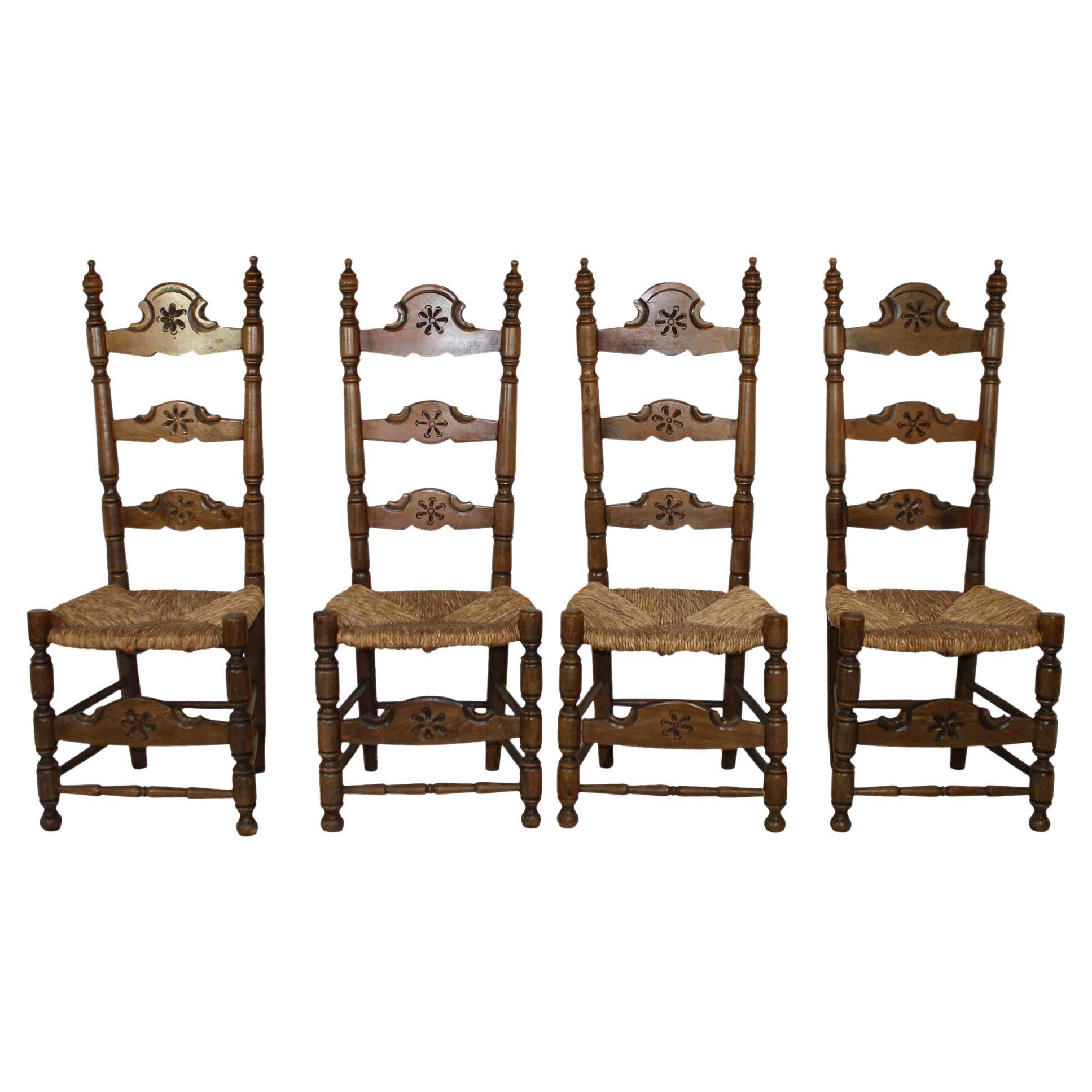 Spanish Walnut Ladder Back Chairs with Rush Seats, circa 1900