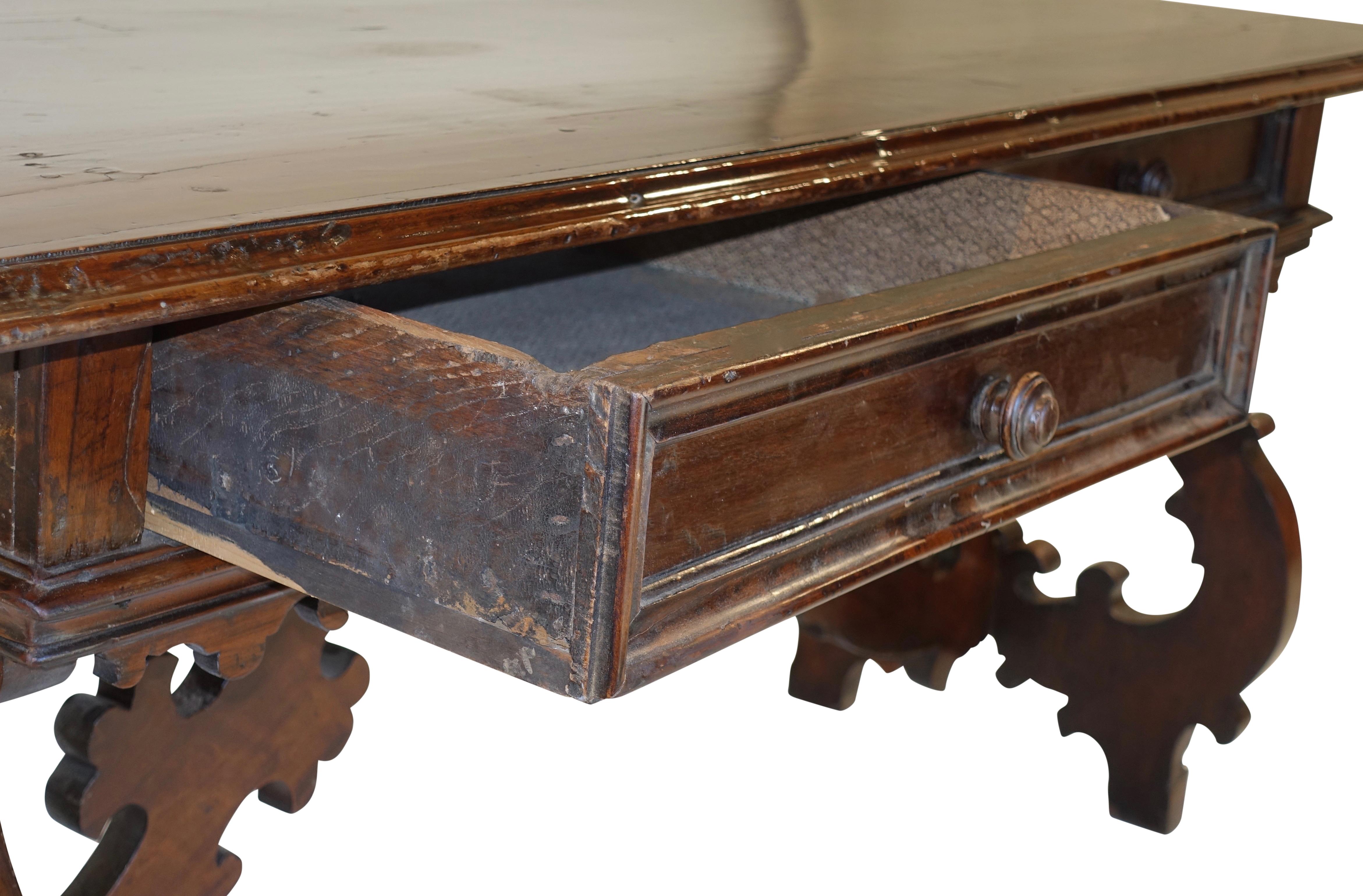 Carved Spanish Walnut Library Table Desk with Two Drawers, 18th Century For Sale