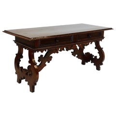 Antique Spanish Walnut Library Table Desk with Two Drawers, 18th Century