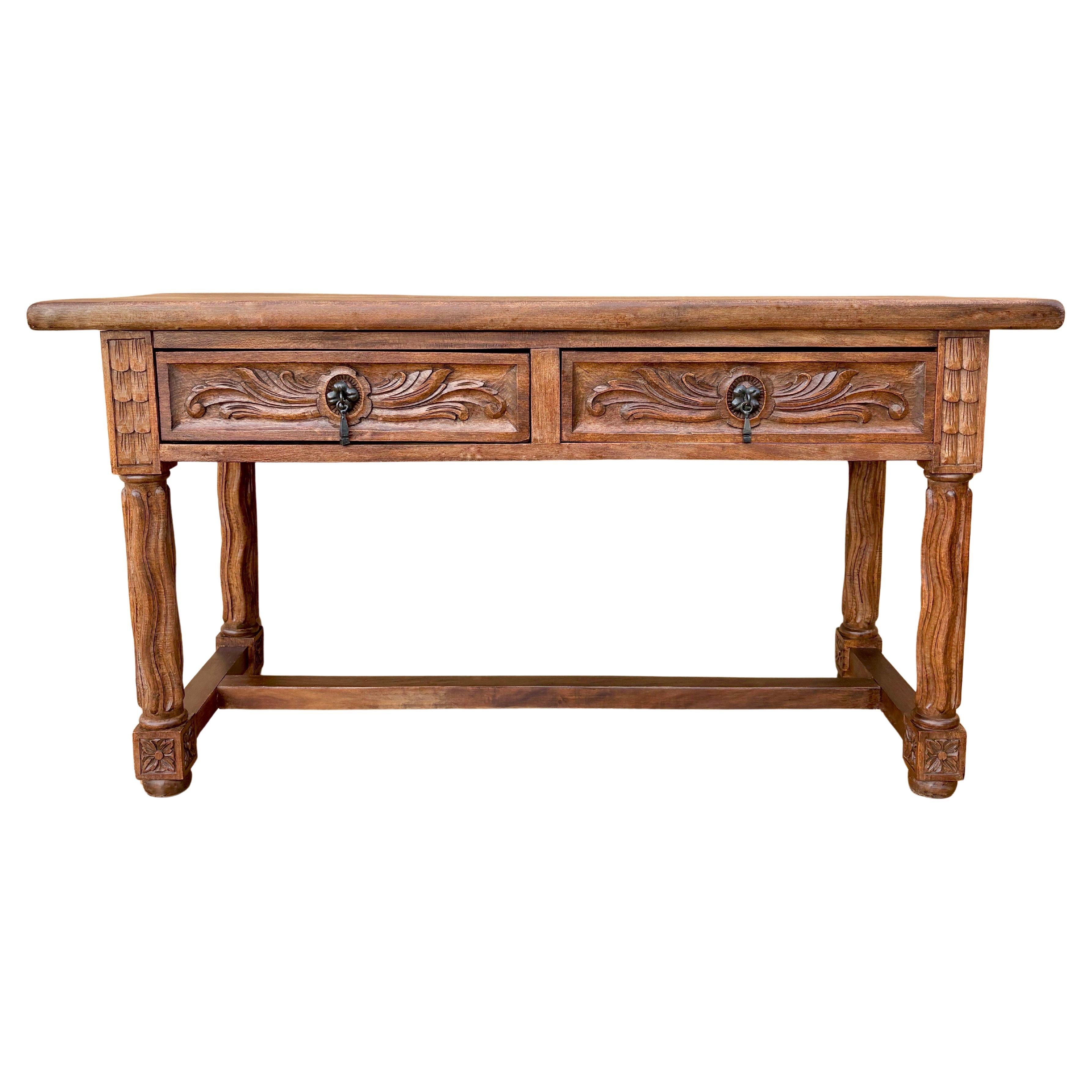Spanish Walnut Low Table with Carved Drawers, circa 1920 For Sale