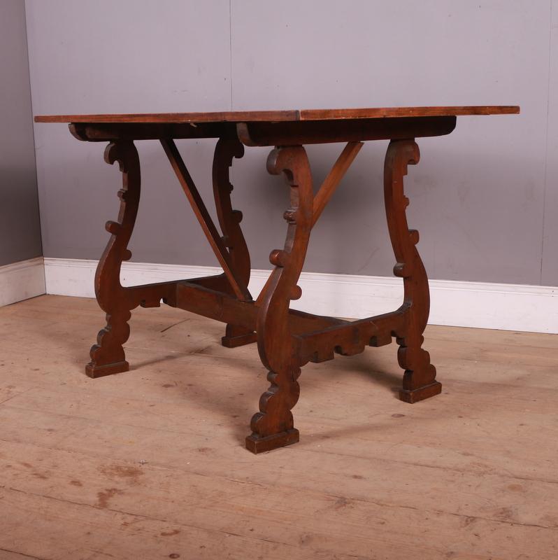 19th C Spanish walnut side table. 1890.

Dimensions
49 inches (124 cms) Wide
29.5 inches (75 cms) Deep
31 inches (79 cms) High.

 