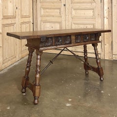 Spanish Walnut Sofa Table with Wrought Iron
