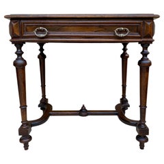 Spanish Walnut Table with Drawer and Turned Legs, Early 20th Century