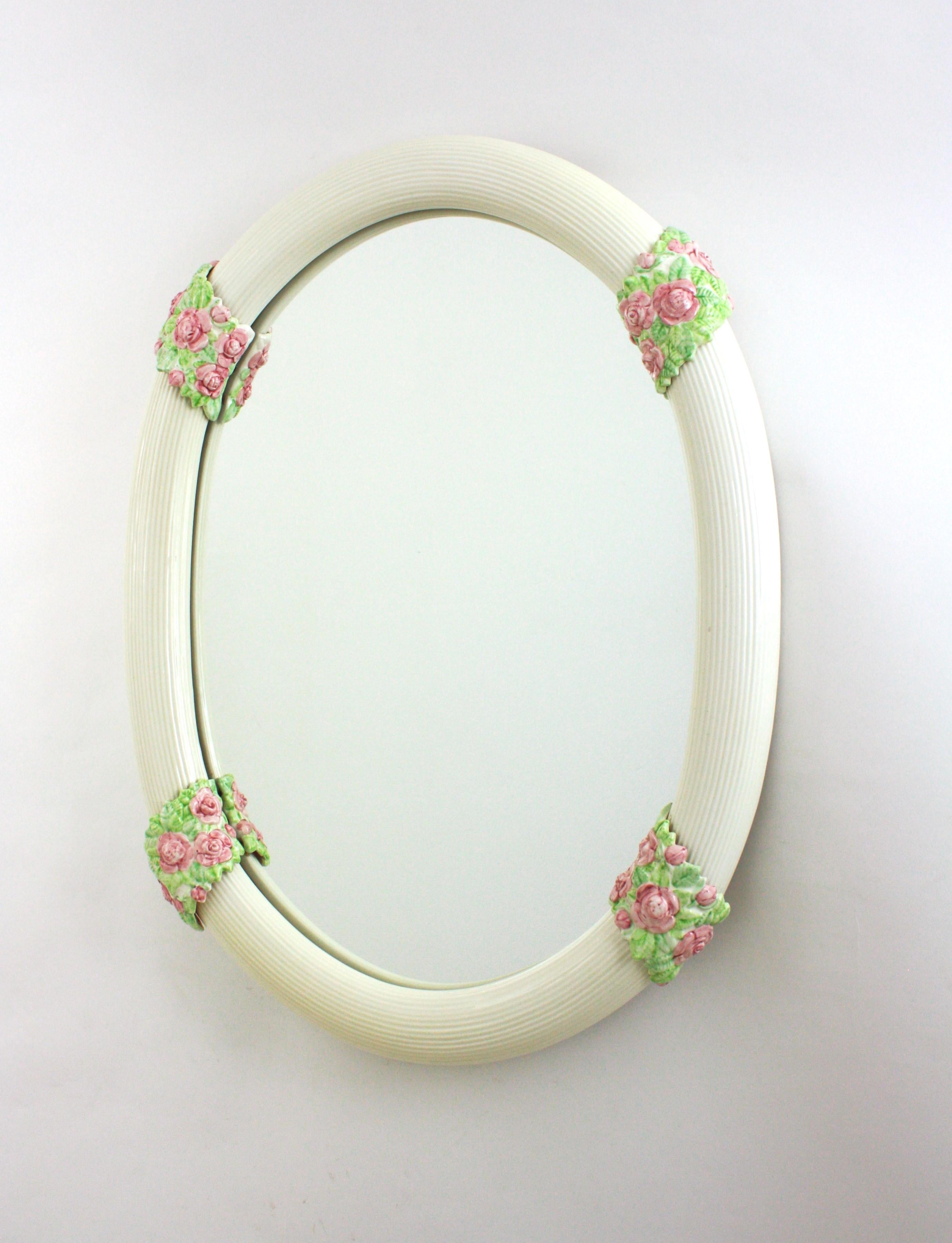 Oval Mirror in White Glazed Ceramic with Pink Flowers, Spain 1950s For Sale 4